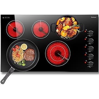 Karinear 24 inch Electric Stainless Steel Cooktop, 5200W Electric Hob for Cooking, Built-in and Countertop Ceraminc Stove Top with 4 Burners, Knob Control, 16 Power Levels, 220-240V, No Plug