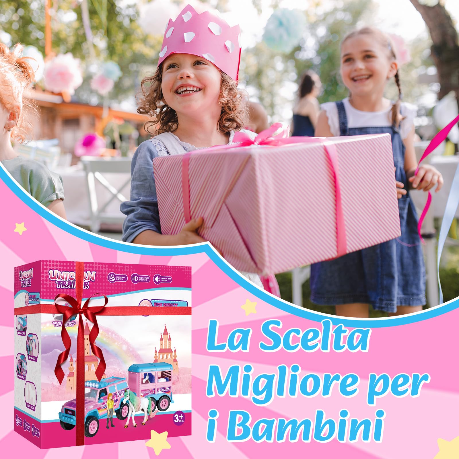 Charmofun Giocattolo Rimorchio per Cavalli, Trasportatore di Cavalli con Suoni e Luci (incl. Auto, Personaggio, 2 Unicorni, 8 Accessori), Giocattolo per Cavalli per Bambini dai 3 Anni in Su