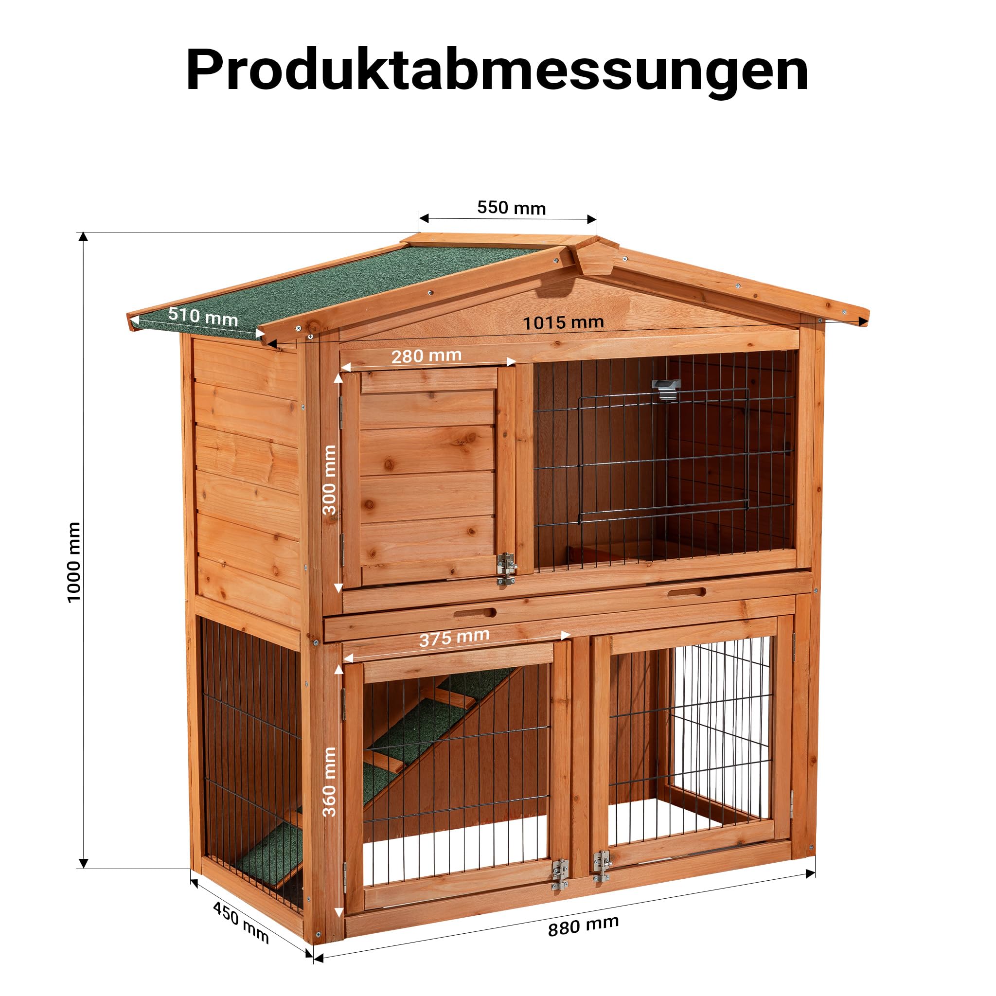 Wiltec 2 Etagen Nagerhaus 1015 x 510 x 1000 mm, Hasenstall zweistöckig aus Fichtenholz, mit Bitumeneindeckung und Kotwanne, Kleintierhaus Freilauf Gehege