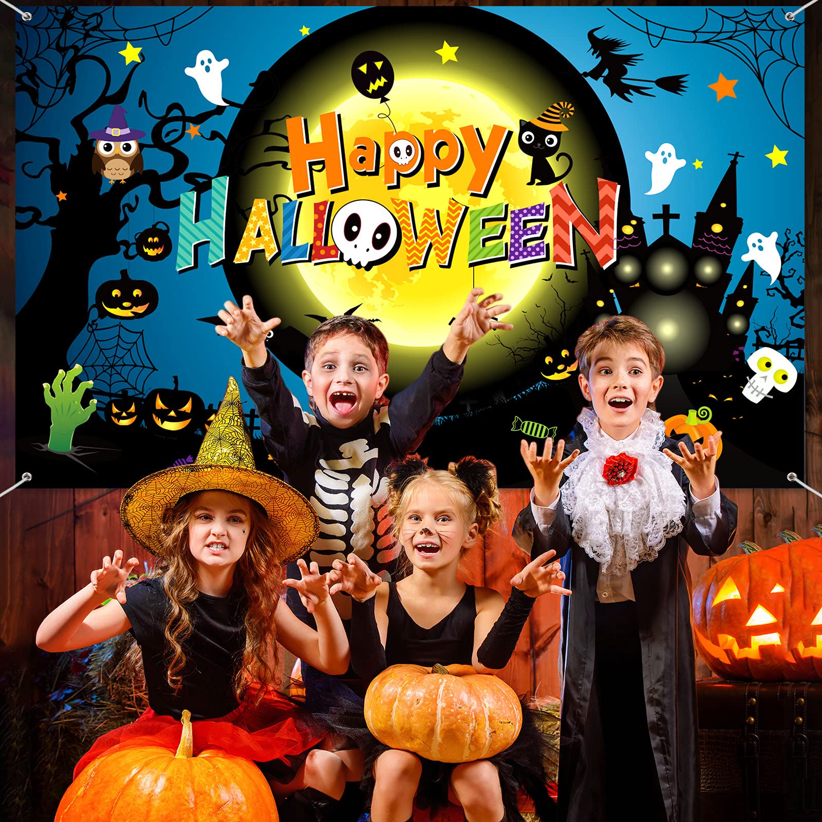 Halloween Backdrop 10x8ft - Pumpkin Bat Starry Sky Photo Background For Parties