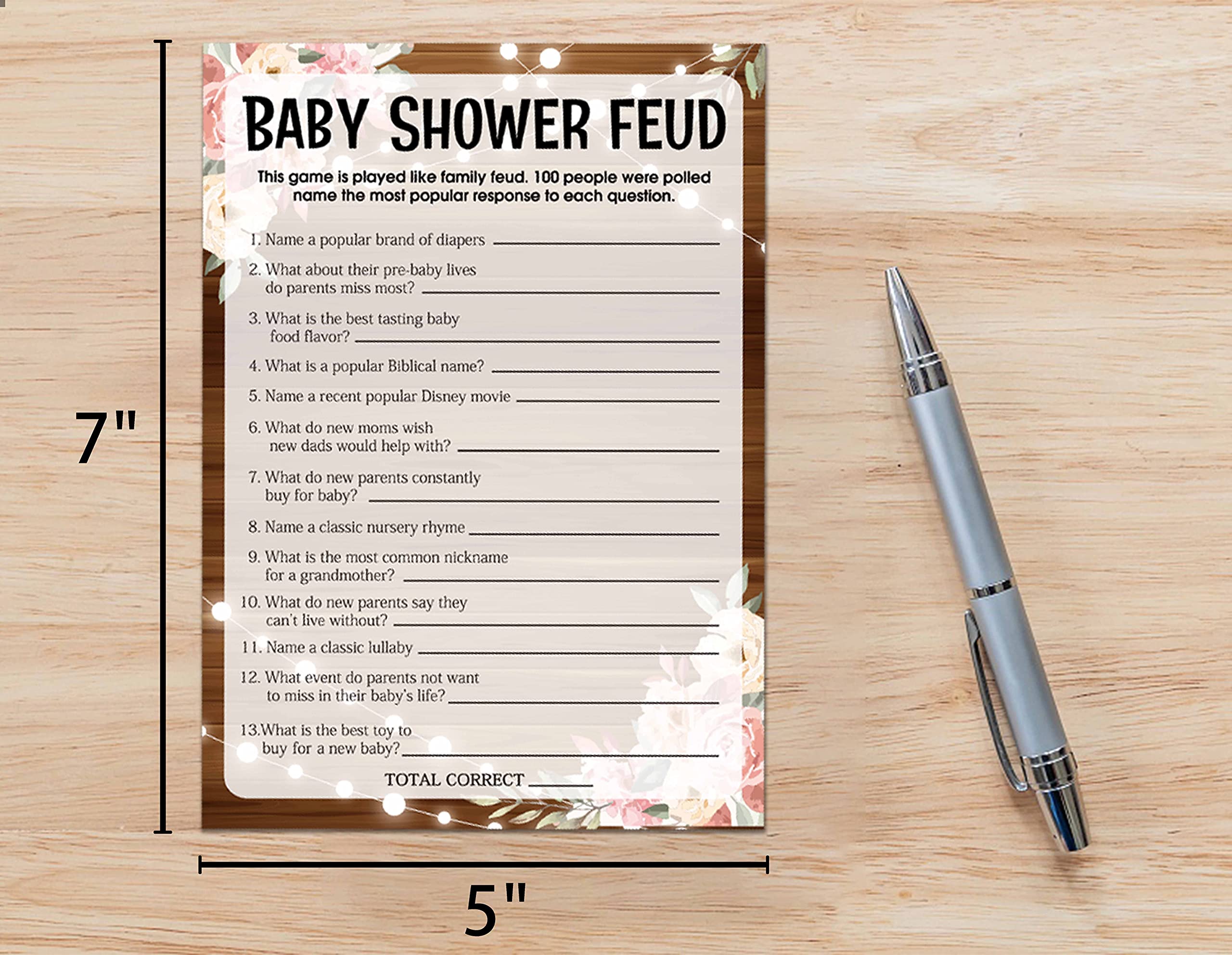 Baby Shower Game Cards, Baby Shower Feud Game, Rustic Wood Pink Floral Party Cards For Gender Neutral Boys or Girls, Set of 30 Cards(Brown004)
