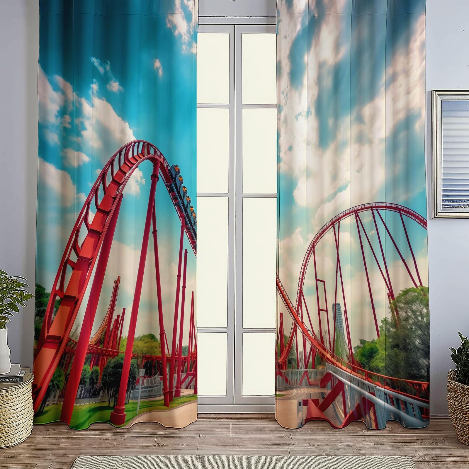 Cortinas Dormitorio Opacas, Parque De Atracciones Termicas Aislantes Frio y Calor Cortinas Salon, Cortinas Estampadas Montaña Rusa con Ojales 140 x 245 cm (2 Paneles)