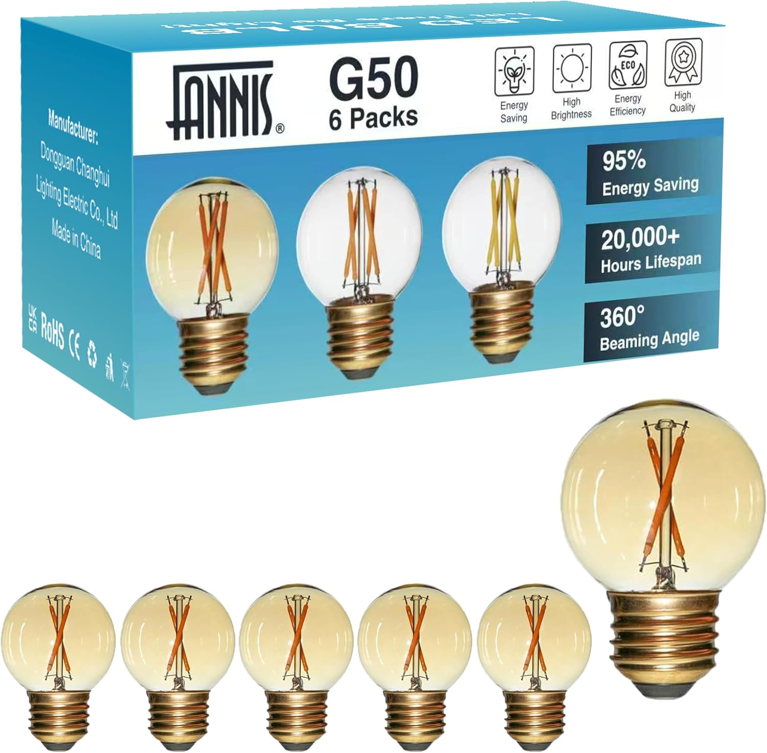 Bathroom Light Bulbs Over Mirror, 6 Pack G50 16 16.5 E26 LED Bulb 2W 2200K Soft Warm Amber Glass, Globes for Light Fixtures Dimmable Small Round Edison Filament Bulb for Wax Warmer Home Decor