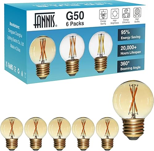 Bombillas LED de globo G50 E26 de 6 unidades no regulables, bombilla Edison redonda pequeña de repuesto G16.5 equivalente a 15 W 20 W, luz cálida