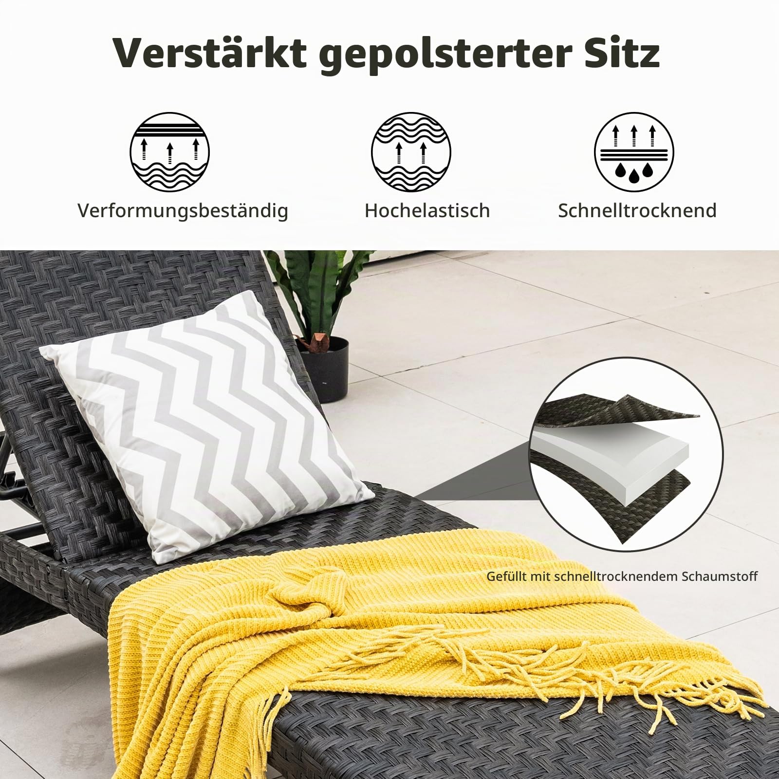 LIFEZEAL Klappbare Gartenliege Polyrattan, Relaxliege Sonnenliege mit 2 Rollen, Liegestuhl mit 5-Fach Verstellbarer Rückenlehne, Wetterfeste Rattanliege für Garten, Balkon und Terrasse, bis zu 150 KG