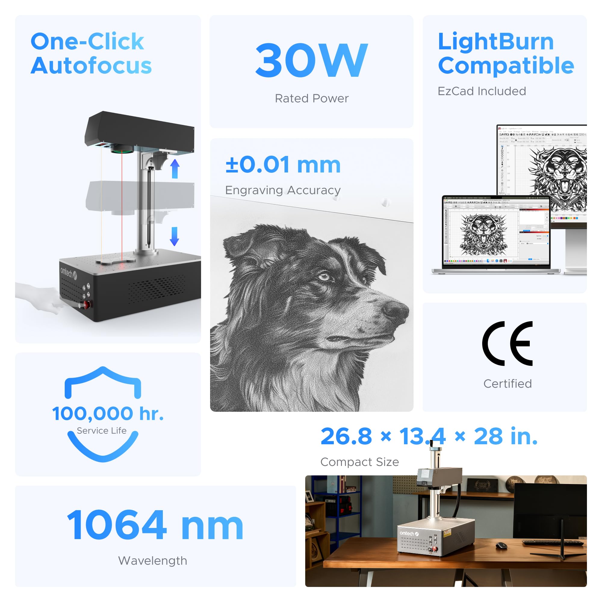 OMTech 30W Autofocus Fiber Laser Marking Machine with Lightburn, Fiber Laser Engraver for Metal Marking, 6