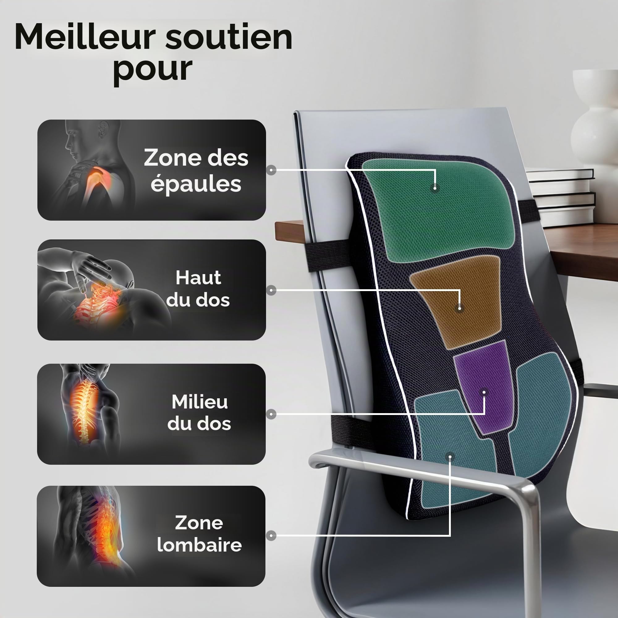 Comfortpad Coussin de soutien lombaire | Mousse à mémoire de forme pour soulager les douleurs dorsales | Soutien complet du dos | Pour chaise de bureau, voiture et maison | Housse en maille respirante