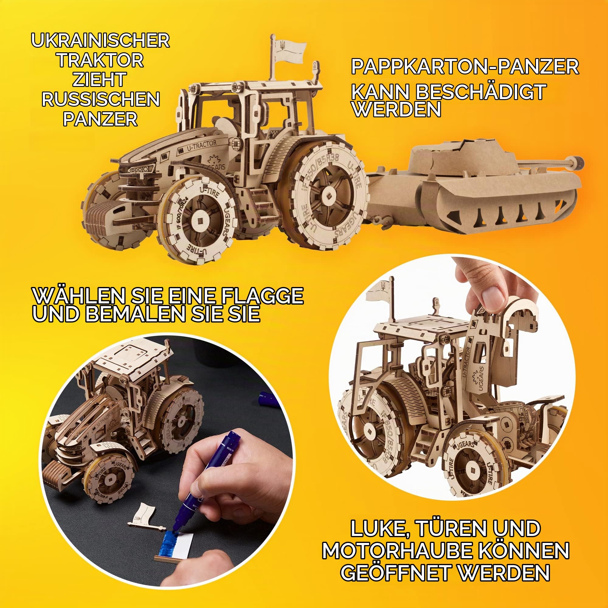 UGEARS Der Traktor Siegt Modellbau Holz - Mächtiger Federbetriebener 3D Puzzle mit Faltbarem Papiertank - Holzpuzzle Erwachsene und Kinder - Modellbausatz Holzbausatz zum Bauen, Tractor Wins