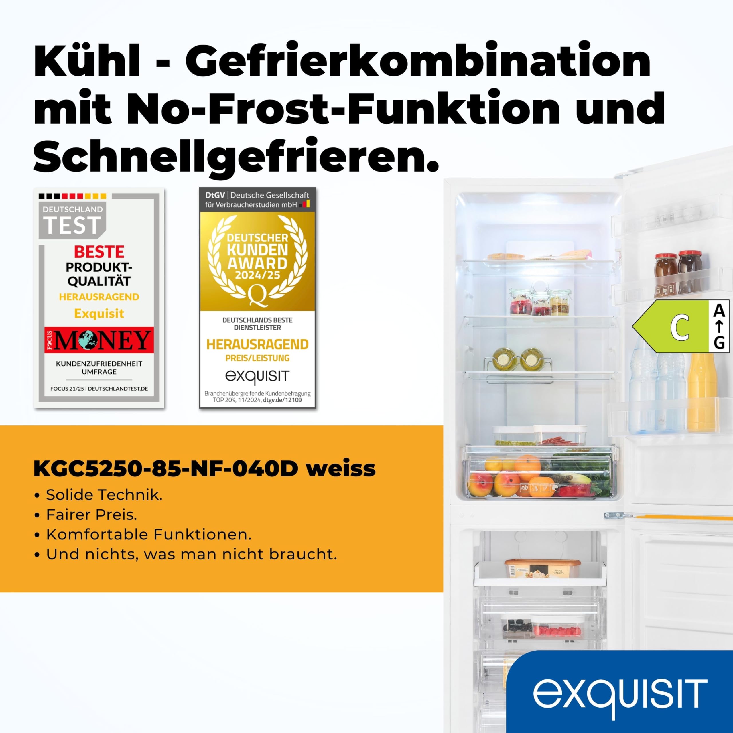 Exquisit Kühl-Gefrierkombination No Frost - 247 l Kühlschrank mit | Großer Kühl-Gefrierschrank in Weiß - 181 x 54,5 cm - 4-Sterne Gefrierteil - LED-Licht - Wechselbarer Türanschlag - Klasse D