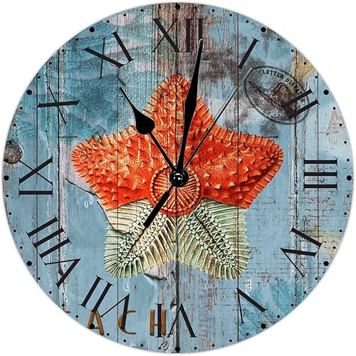 Miniatura 24 de ArogGeld Reloj de pared rústico de PVC con diseño de estrella de mar y estrellas de mar, reloj de pared colgante con números romanos, reloj de pared