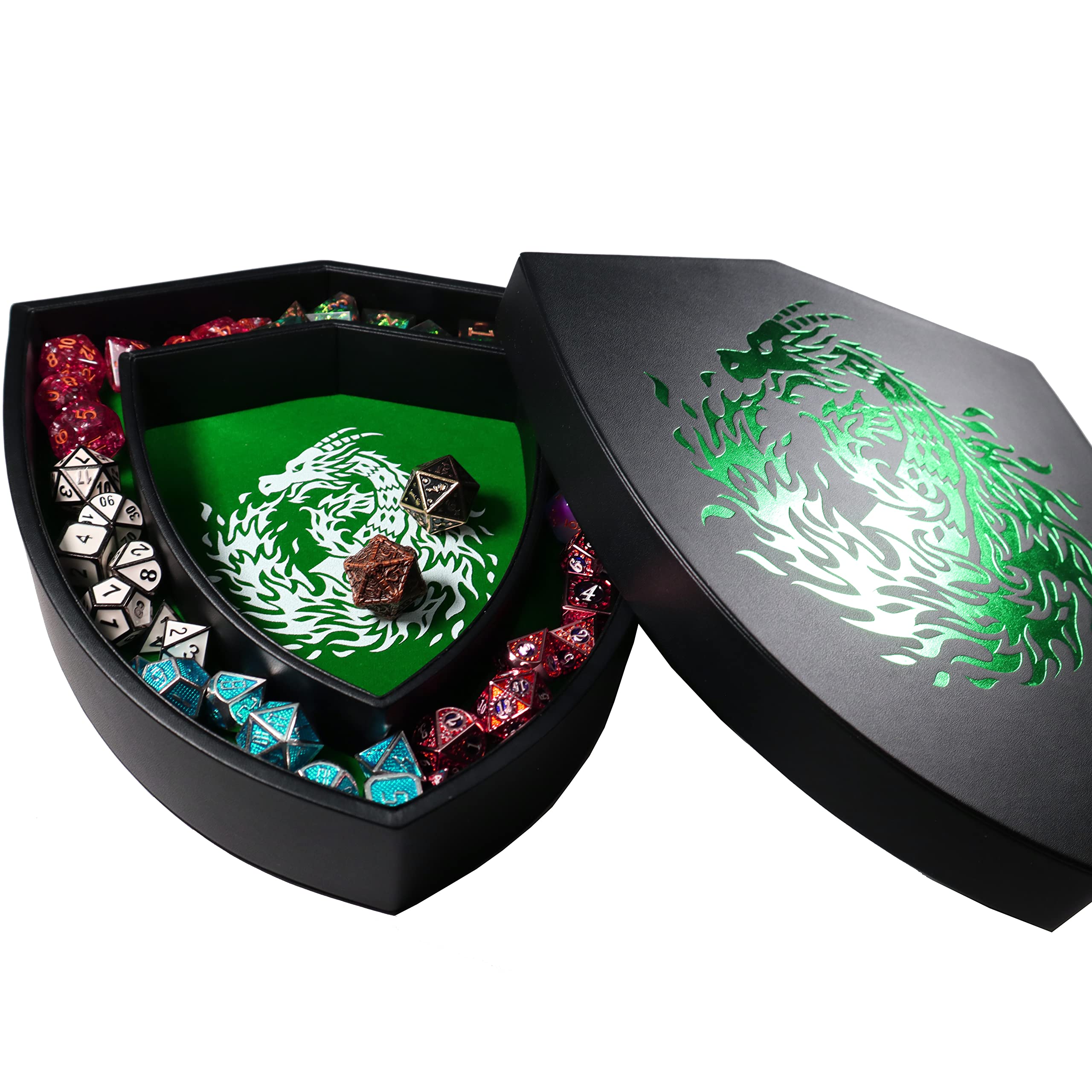 FantasyDice Dragon Shield Dice Tray With Lid - Holds 6 Dice Sets, Green Fire Dragon Design For D&D & RPG Games