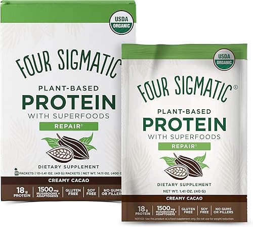 Four Sigmatic - Superalimento de proteína de cacao cremoso proteína orgánica a base de plantas con champiñones Chaga y Ashwagandha apoya la función