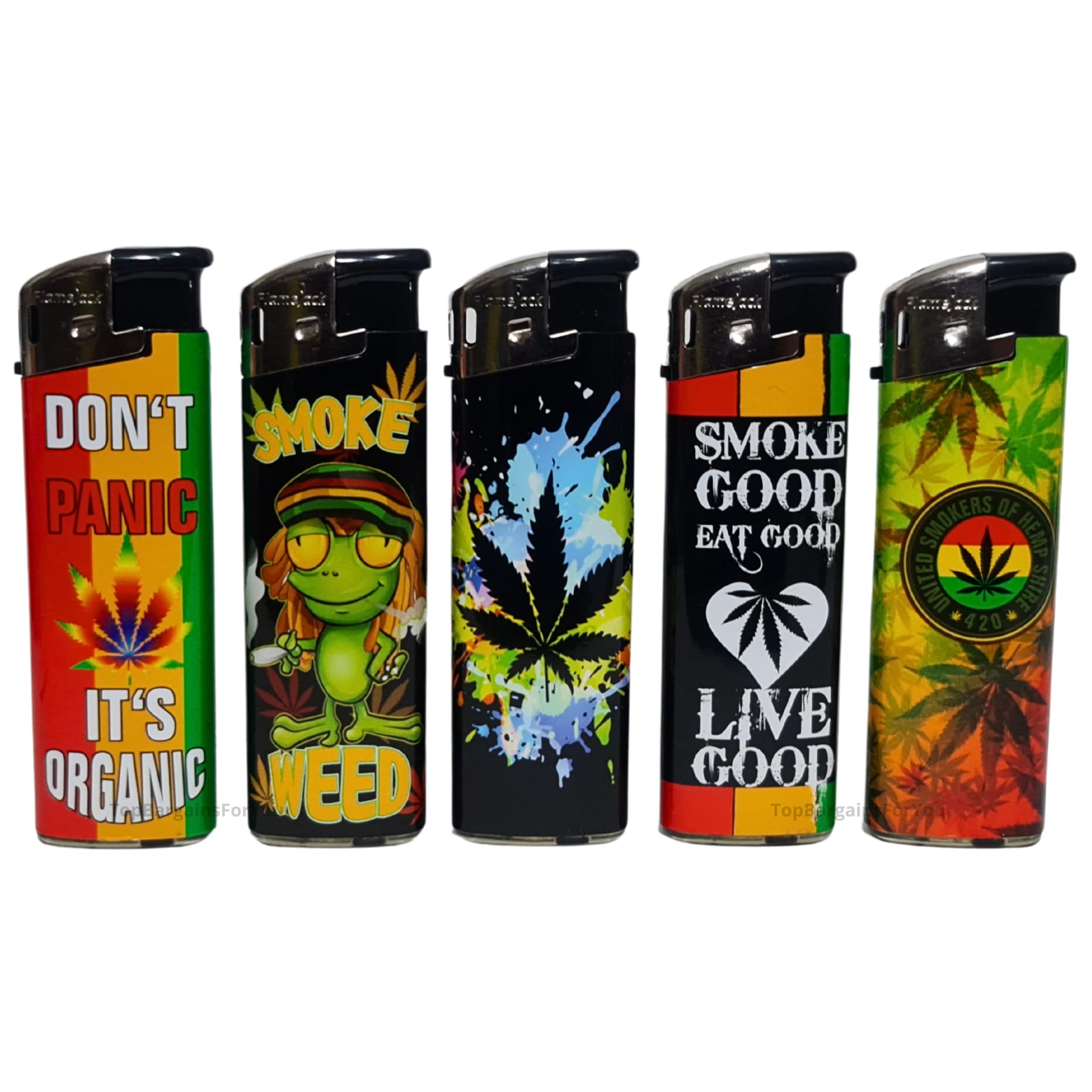 5 Electronic Refillable Lighter Set Assorted Designs Compact & Durable Gas Lighters for Camping Hiking BBQ & Everyday Use Adjustable Flame, Portable, Ideal for Outdoors (Don't Panic Rasta)