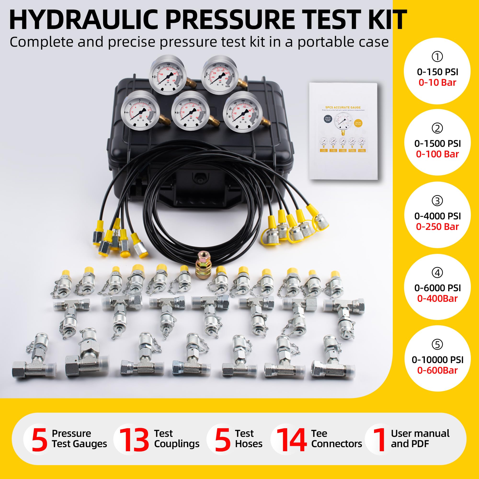 Kit de prueba de presión hidráulica con manómetros, 10/100/250/400/600bar, 5 calibres, 13 acoplamientos de prueba, 14 conectores en T, 5 mangueras de prueba