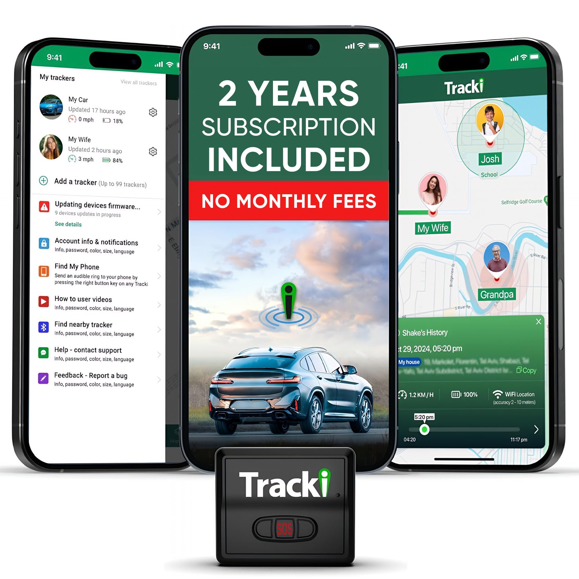 Tracki GPS Tracker for Vehicles, Car, Kids. Subscription Needed. US-Made Tech. 4G LTE GPS Tracking Device. Unlimited Distance, US & Worldwide. Small (Tracker) (Tracker 2 Years Subscription Incl.)