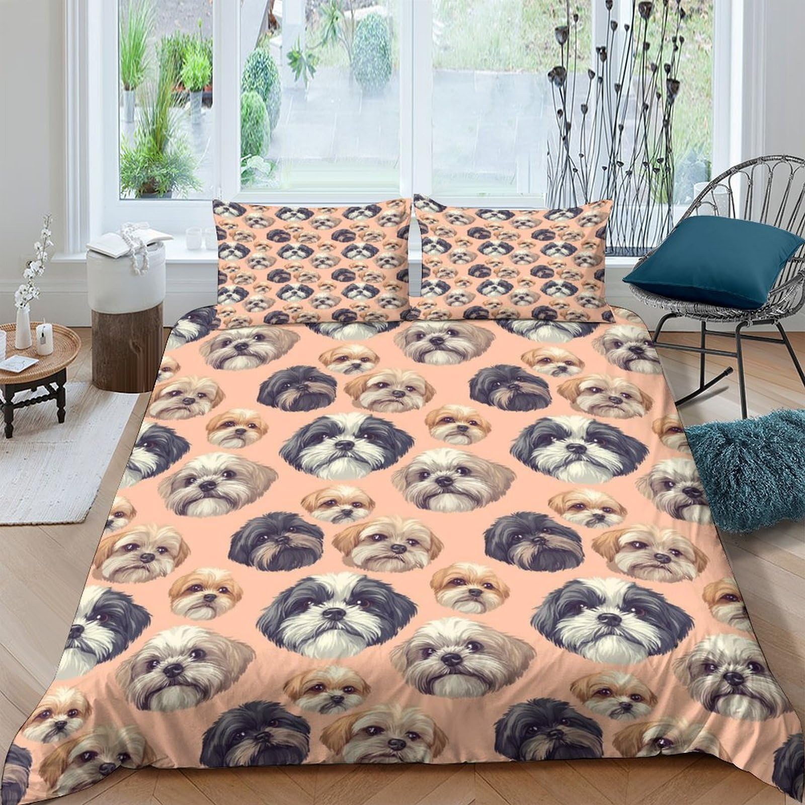 GPLZQXKJNH 3D Printed Shih Tzu Dog Pattern Duvet Cover Microfiber Soft Breathable Puppy Bedding Set with 2 Pillowcases for Bedroom Decor Single（135x200cm）