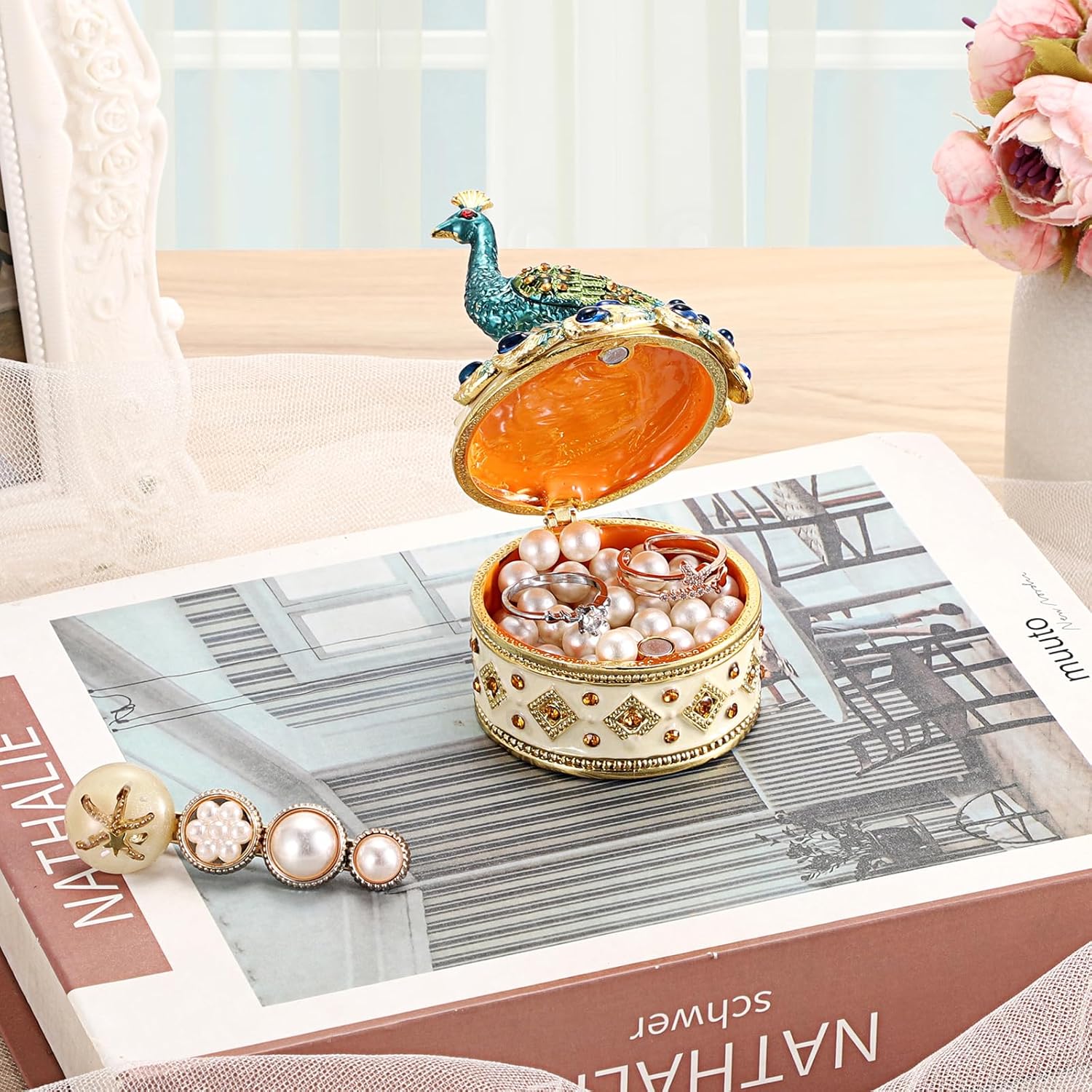 ELLDOO Mini Peacock Trinket Box, Vintage Metal Enameled Decorative Box Ring Earrings Jewelry Organizer Peacock Figurine Lid Gift Box for Girl Women - Image 6