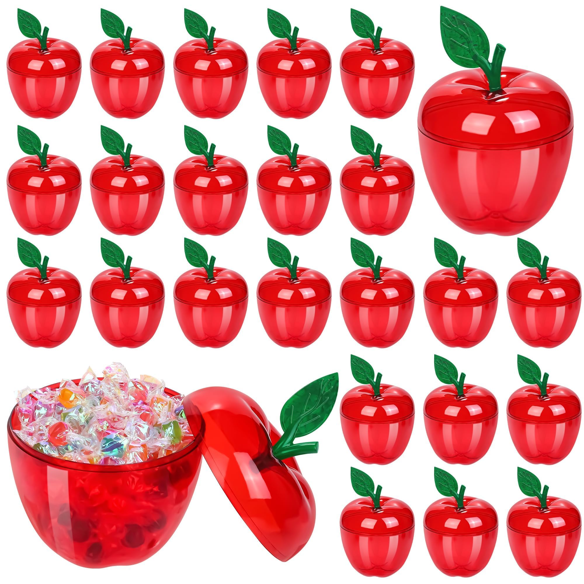 Aneco 24 Pack Red Apple Container Teacher Appreciation Gift Candy Box Valentine Wedding Party Toy Large Filled Plastic Bobbing Apple Candy Jars with Lids Back to School Party Supplies