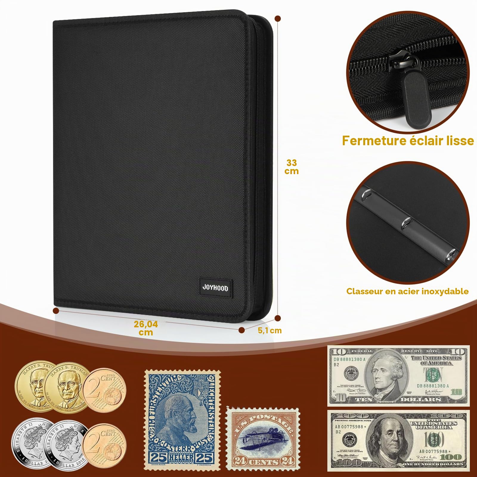 JoyHood Album de pièces de monnaie pour collectionneurs de pièces, album de pièces pour 400 poches pour pièces de monnaie + 15 poches pour billets, porte-monnaie pour collections de pièces