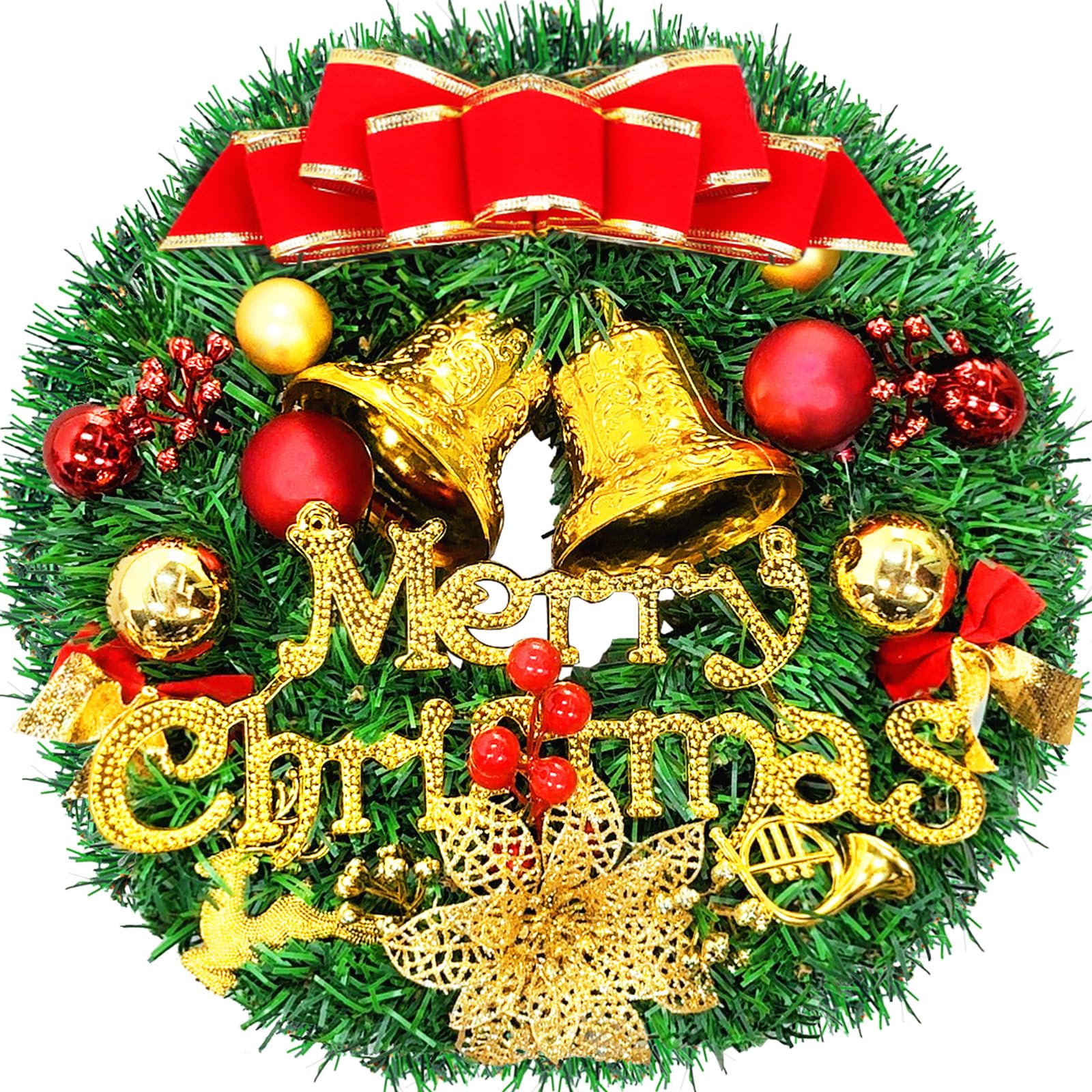 Corona de Navidad 30 cm para Puerta con Lazo y Jingle, Guirnalda Navideña Colgante Artificial, Adorno Navideño para Puerta, Chimenea, Ventana y Decoración de Navidad, Feliz Navidad