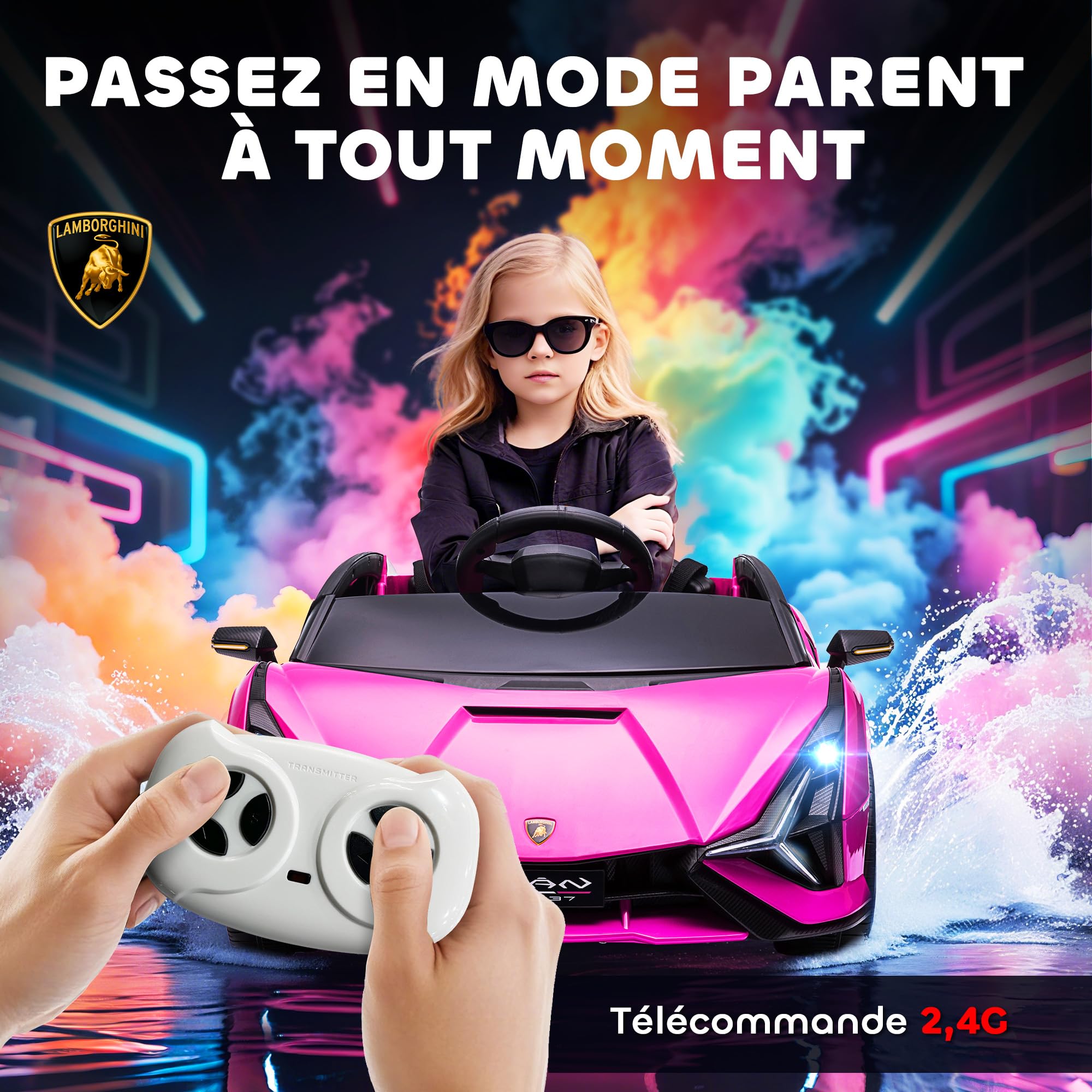 HOMCOM Voiture électrique Enfants de Sport Véhicule électrique Lamborghini Sian 12 V - V. Max. 5 Km/h avec Télécommande 2,4G Effets sonores + Lumineux Rose
