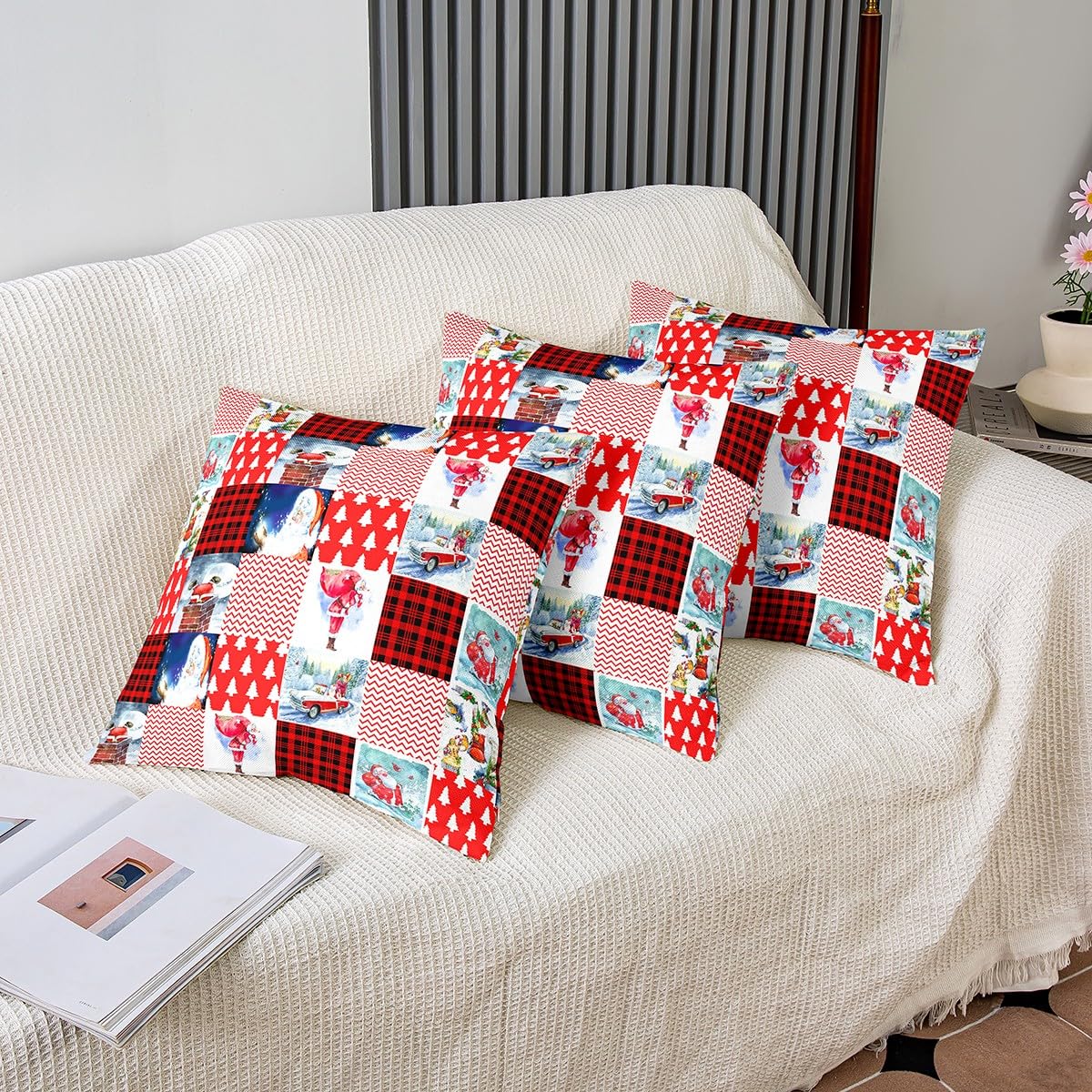 Fundas de almohada con temática navideña, fundas de cojín para niños, juego de 1 funda de almohada de Papá Noel, decoración suave, líneas geométricas, fundas de almohada decorativas, fundas de cojín