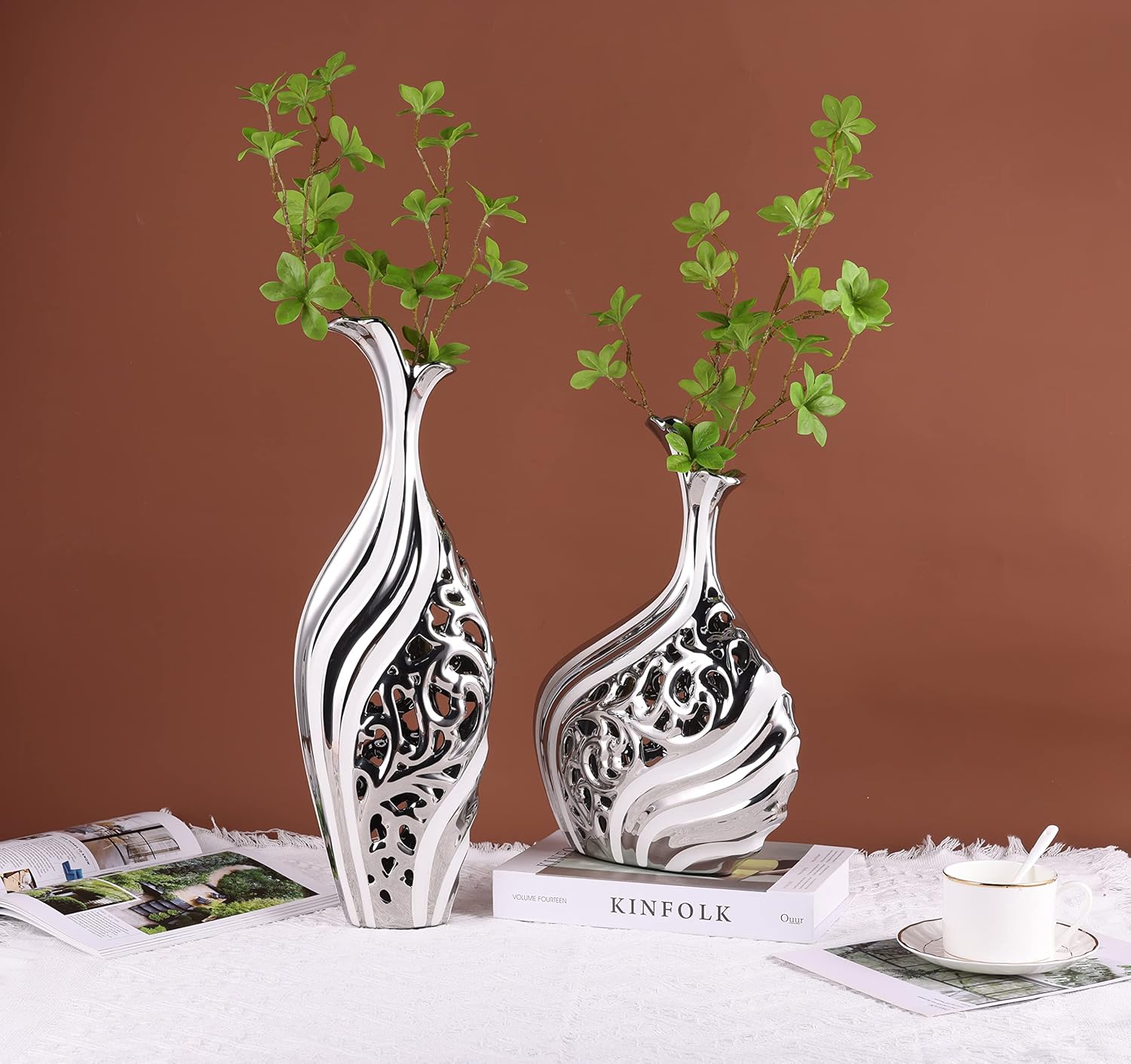 19" Floor Vase, Silver Porcelain Vase, Openwork Pottery Decorative Vase, Unique Dried Pampas Reed Flower Vase, Large Vase for Living Room Floor, Home Office, Porch Home Center Decoration - Image 9