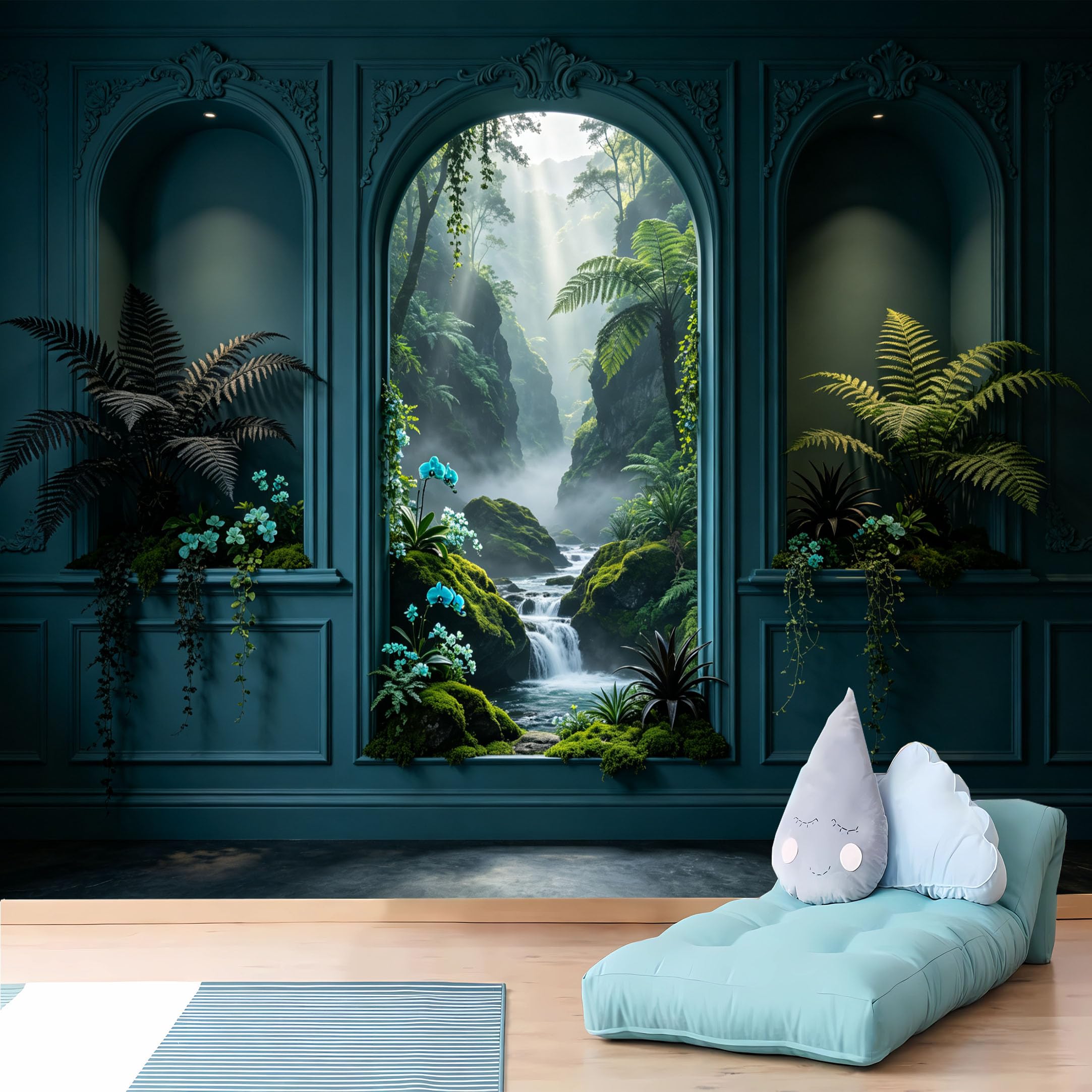 Custom Size Wall Murals 3D Niche Misty Mountain Stream Wall Murals Lush Forest View Wallpaper HD Self-Adhesive Removable Wallpaper for Living Room