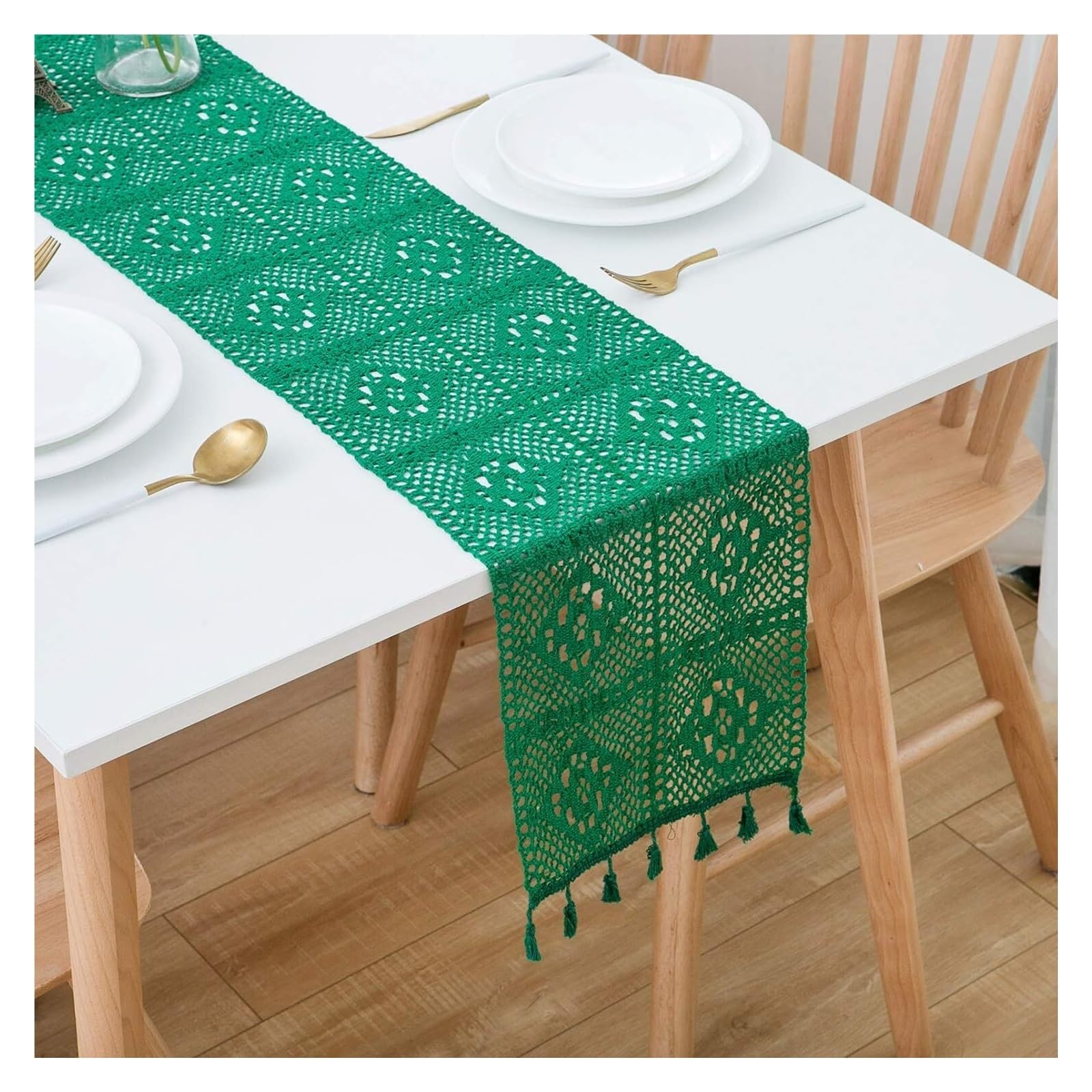 Chemin de table en coton vert 24x260 cm rectangulaire au crochet
