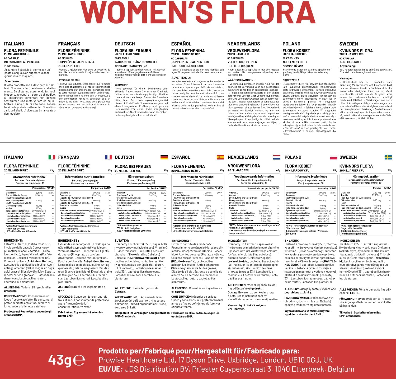 Women’s Flora 60 Capsules | Intimate Flora for Women | 20 Billion CFU Added with 15000mg Cranberry, Vitamin C, Fenugreek, Chlorella & Inulin | Bio Cultures for Women's Intimate by Prowise