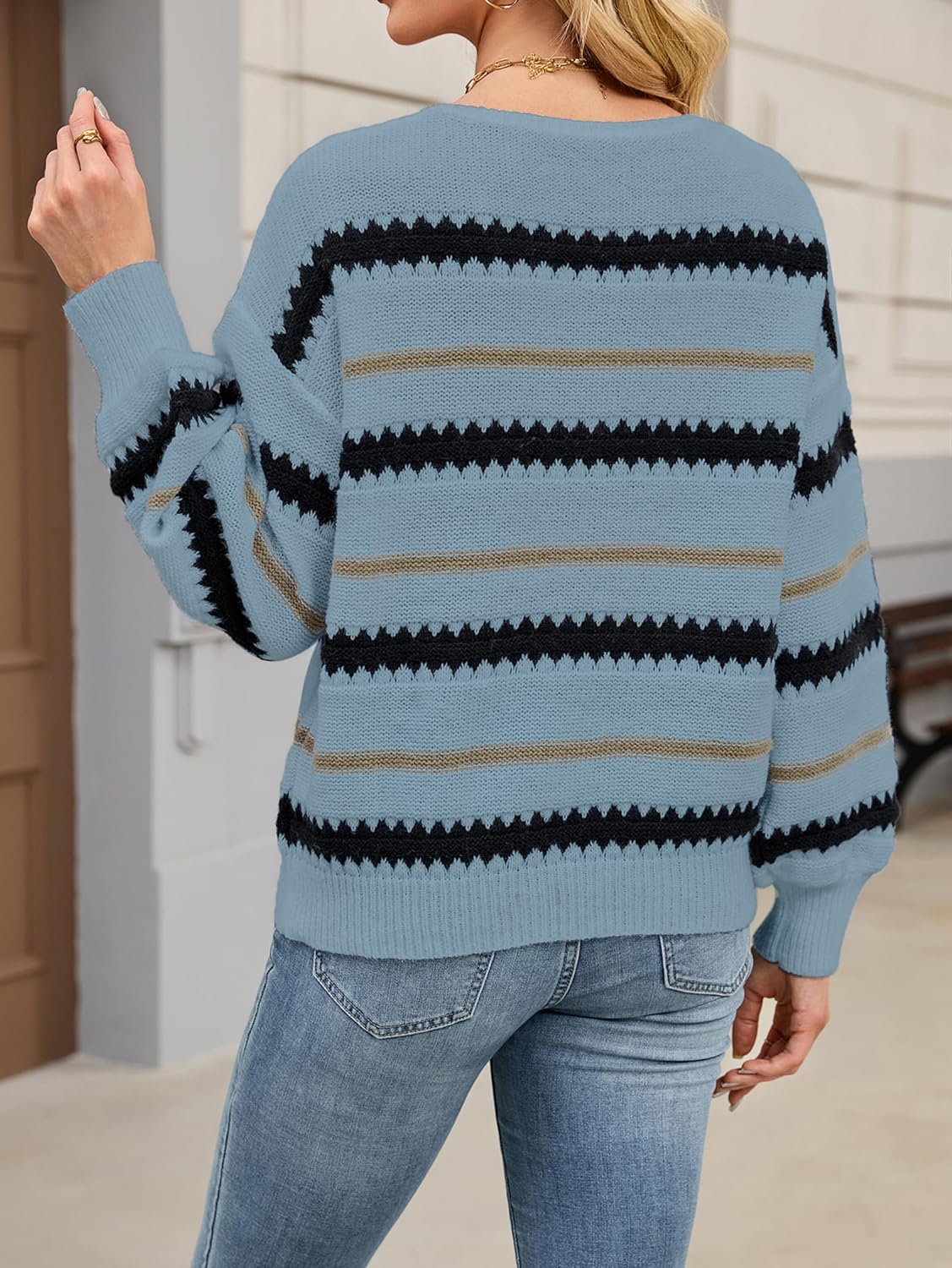 Womens Oversized Cute Striped Sweater Fall 2025 Trendy Ladies Dressy Casual Chunky Knit Pullover Jumper Top - Image 4