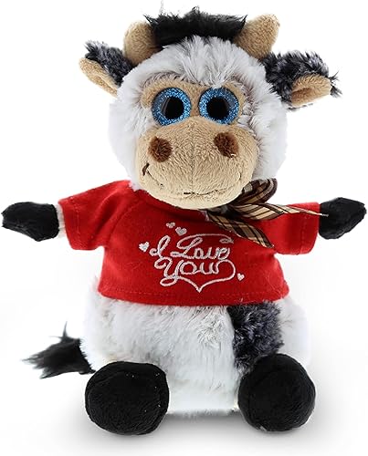 DolliBu Vaca sentada de peluche con texto en inglés "I Love You", bonito animal de peluche con camisa roja y nombre, regalo personalizado para el
