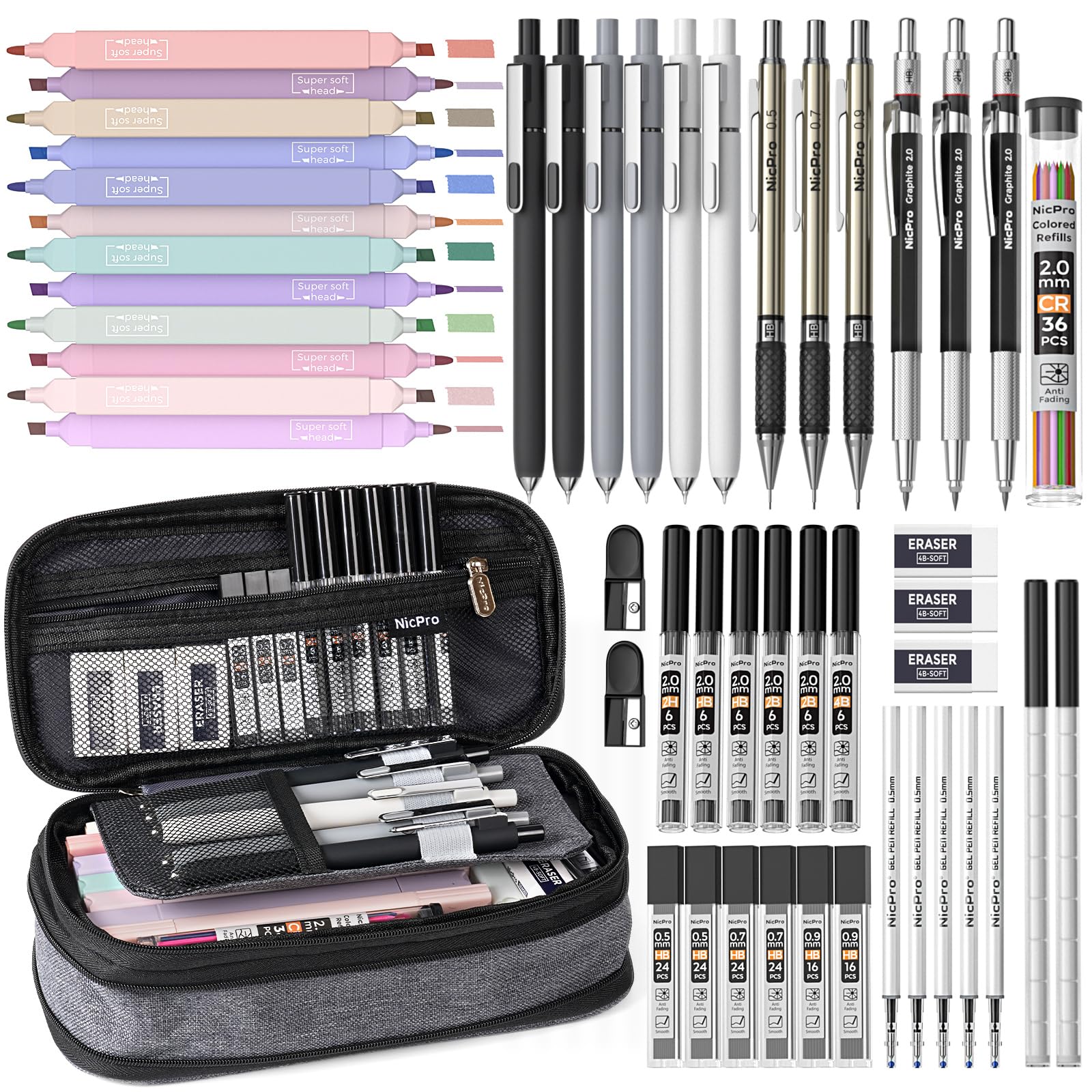 Nicpro 50 PCS School Supplies Stationary Set with Pencil Case - 6 Gel Pens & Refills, 12 Highlighters, 6 Art Mechanical Pencil Set, 12 Tube lead Refills for College Essentials Office Stationery -Black