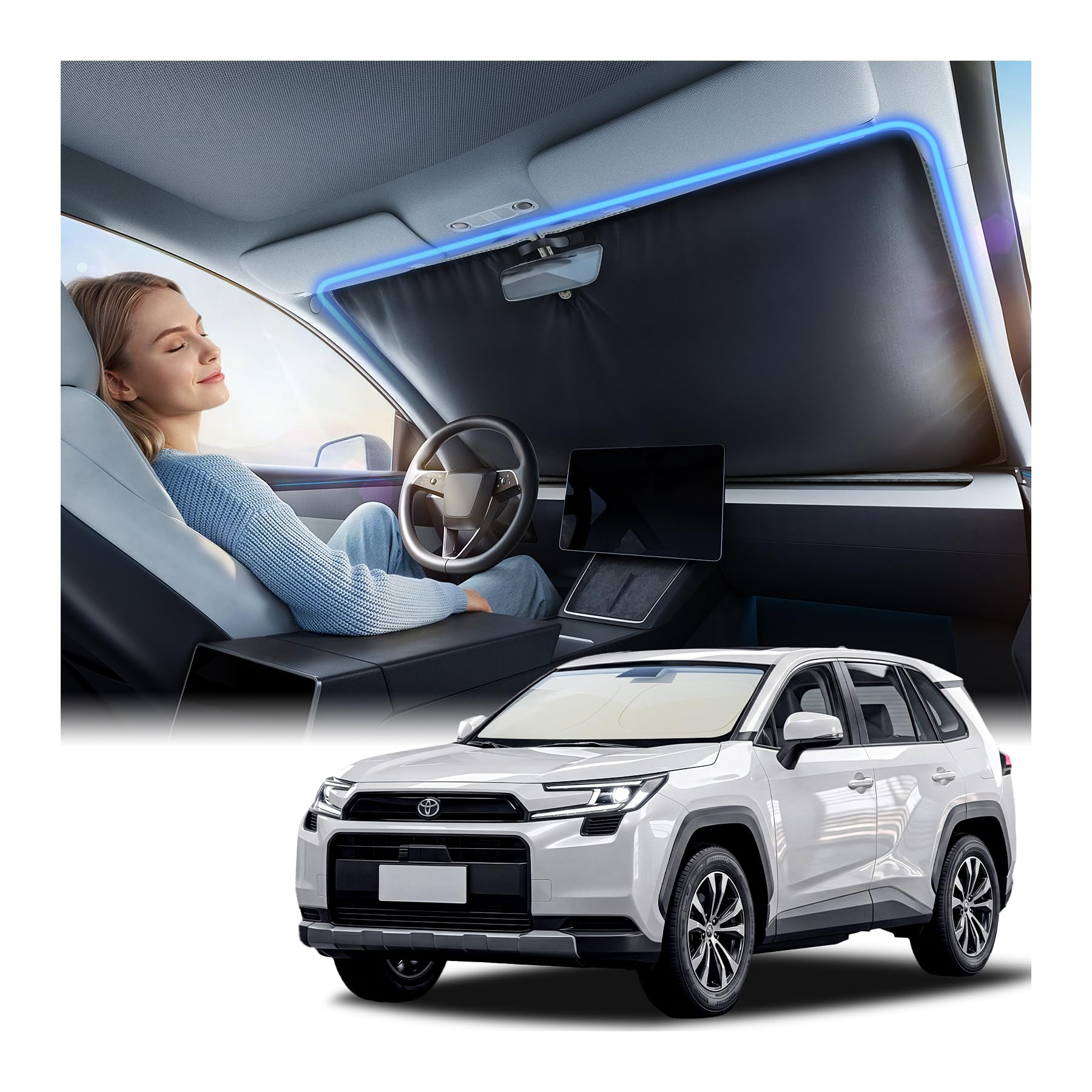 Photo 1 of Nmoiss Ice Silk Air-Cooled Car Windshield Sun Shade, [Enjoy Superior Coolness & Comfort] 84.2% Heat Insulation UPF>50 UV Block, Interior Protection, Universal Fit for Car SUV Truck, Large 64" x 34"