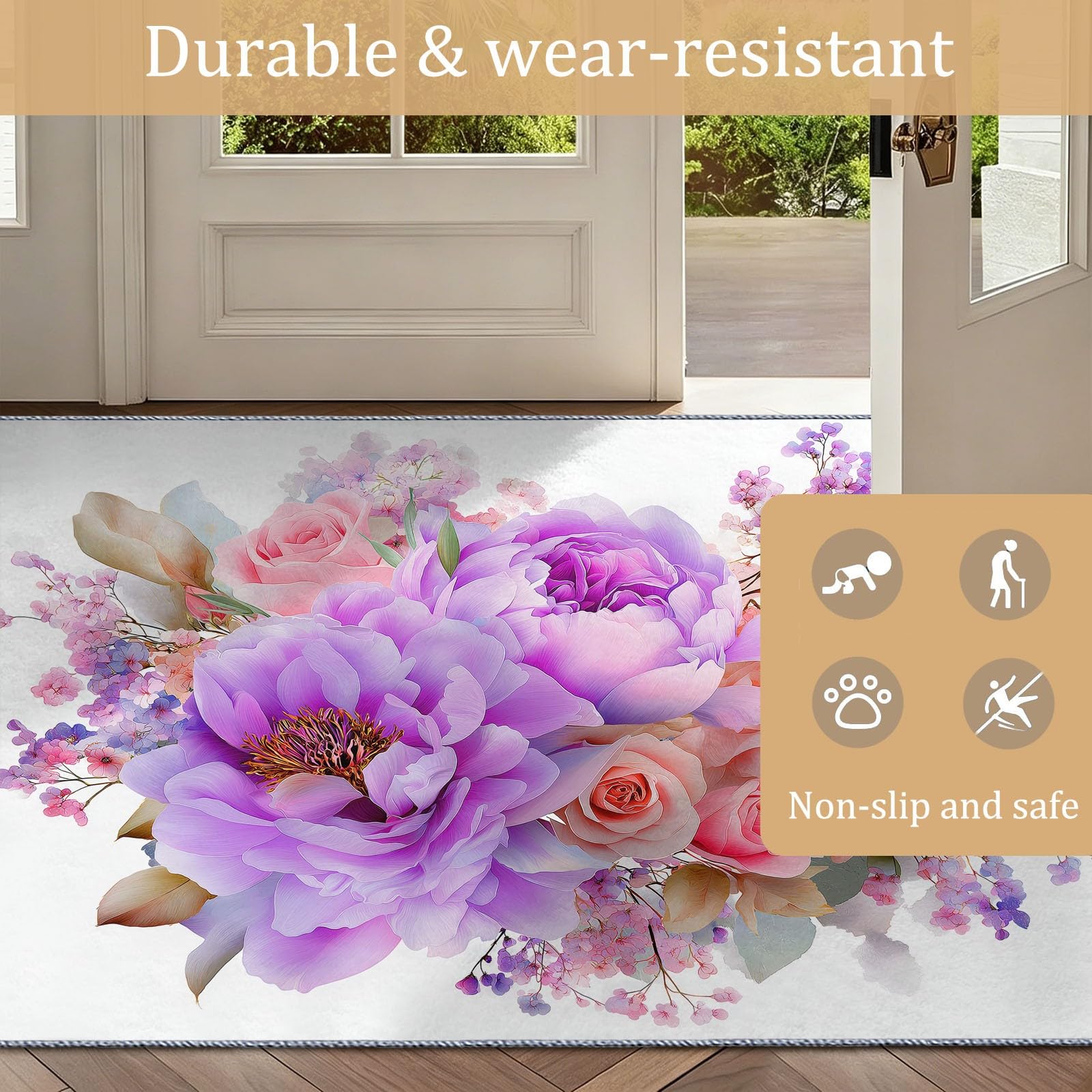 Generisch Botanisch Floral Blumen Teppich Wohnzimmer 80 x 150 cm, Weiß Waschbarer Teppich Wohnzimmer Schlafzimmer, Antibakteriell Antirutschunterlage Küchenteppich
