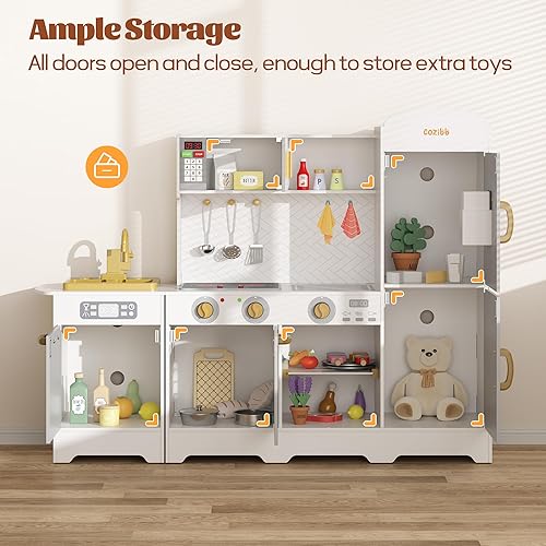 Miniatura 6 de CoziBB Juego de cocina de madera, grifo de horno realista, microondas, máquina de hielo con características de luces y sonidos, 21 accesorios,
