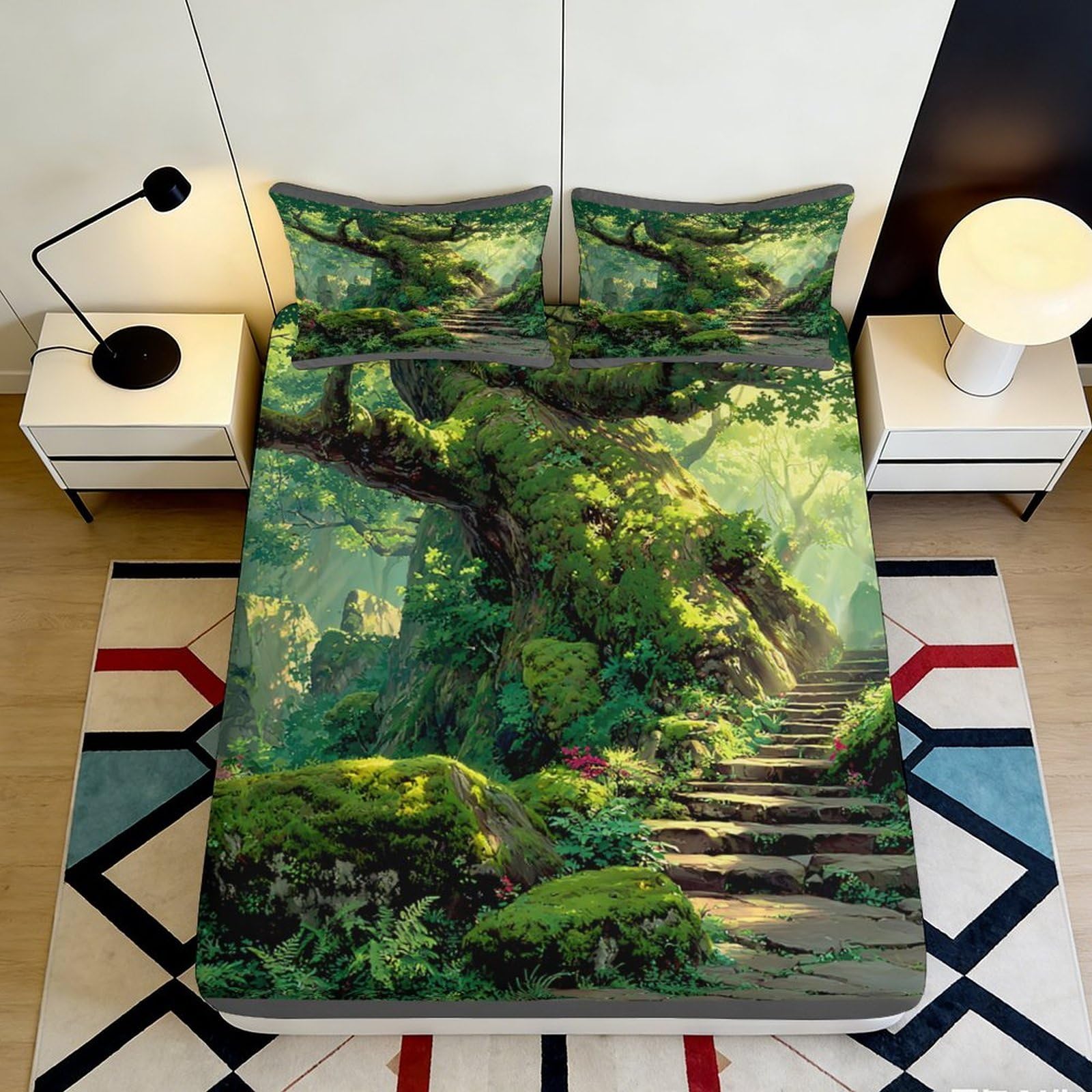 Pnayamiorkfel Style-9 3D Printed Enchanted Forest Fitted Sheet Microfiber Mossy Tree Bed Cover For Bedroom Guest Room Decor Protection 90X200x25cm