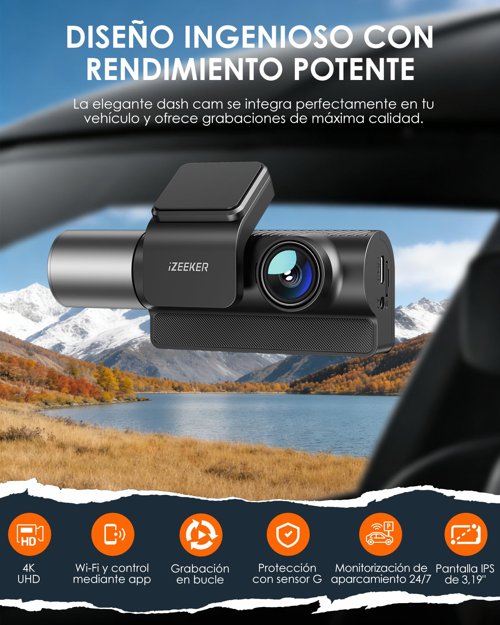 iZEEKER 3 Canales 4K Dashcam con Tarjeta de 32GB GRATIS, Cámara Coche Frontal, Trasera e Interior 4K+1080P+1080P con WDR, Visión Nocturna IR, WiFi 6, Ángulo 170°, G-Sensor, Modo de Estacionamiento 24H