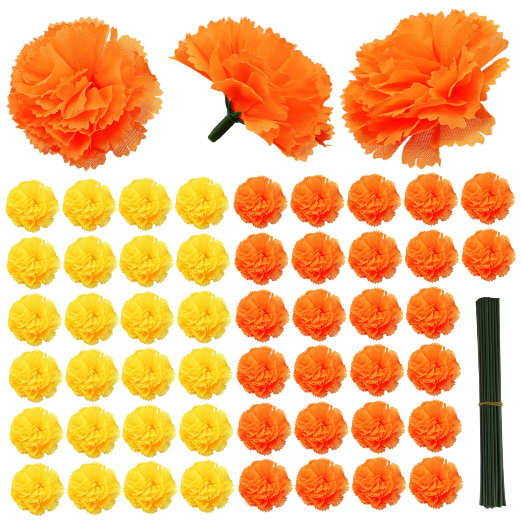 Goutdori 100PCS Artificial Marigold Flowers 2.2in, Marigold with Stems for Diwali Home Decor DIY Decorations Yellow Orange