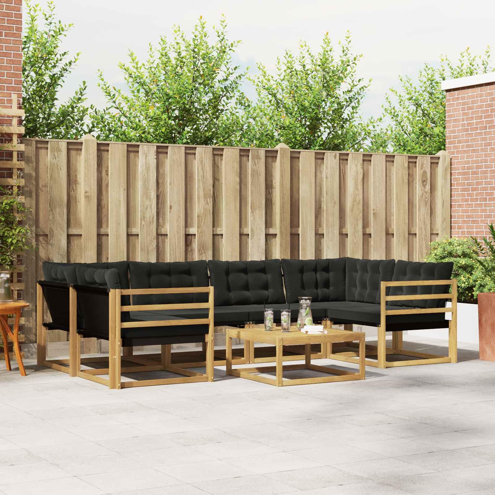 Salon de Jardin Modulable 7 Pièces en Bois d'Acacia Massif, Ensemble de Canapés d'Extérieur pour 6 Personnes avec Table Basse et Coussins Confortables, Blanc et Noir