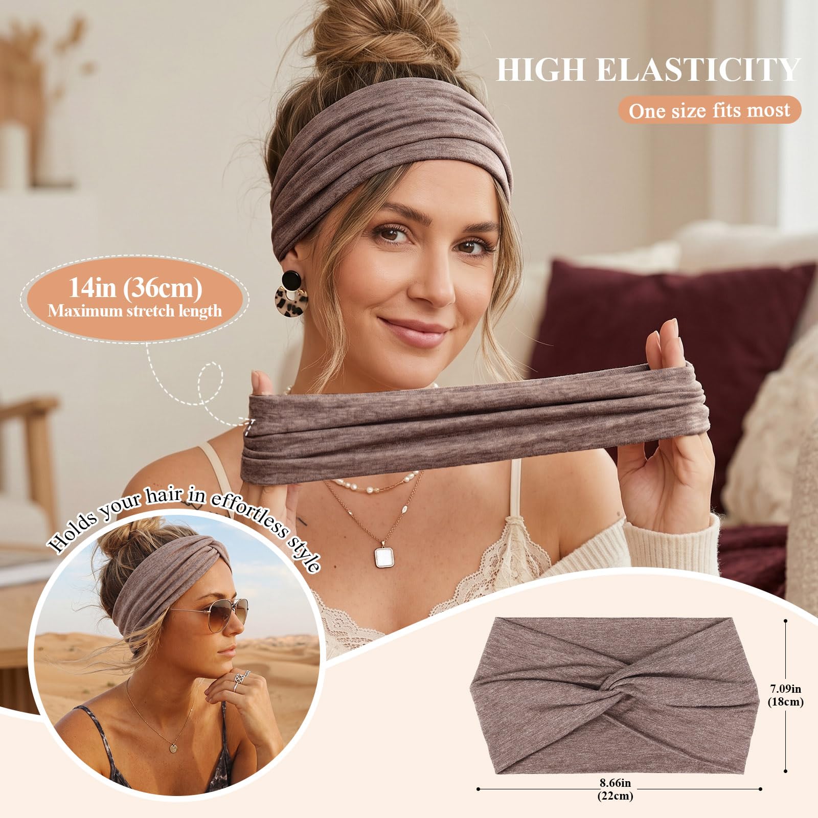 Kavya Fascia Capelli Donna Cerchietto Capelli Donna 4 Pezzi – 7'' Extra Large Elastico Boho, Turbante Fasce per Capelli Bandana Headband per Yoga, Skincare e Lavoro Quotidiano