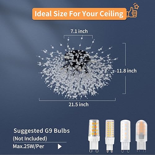 Miniatura 3 de Sputnik - Lámpara de techo empotrada, moderna lámpara de araña de cristal negro, 8 luces cerca del techo para dormitorio, cocina, pasillo, entrada