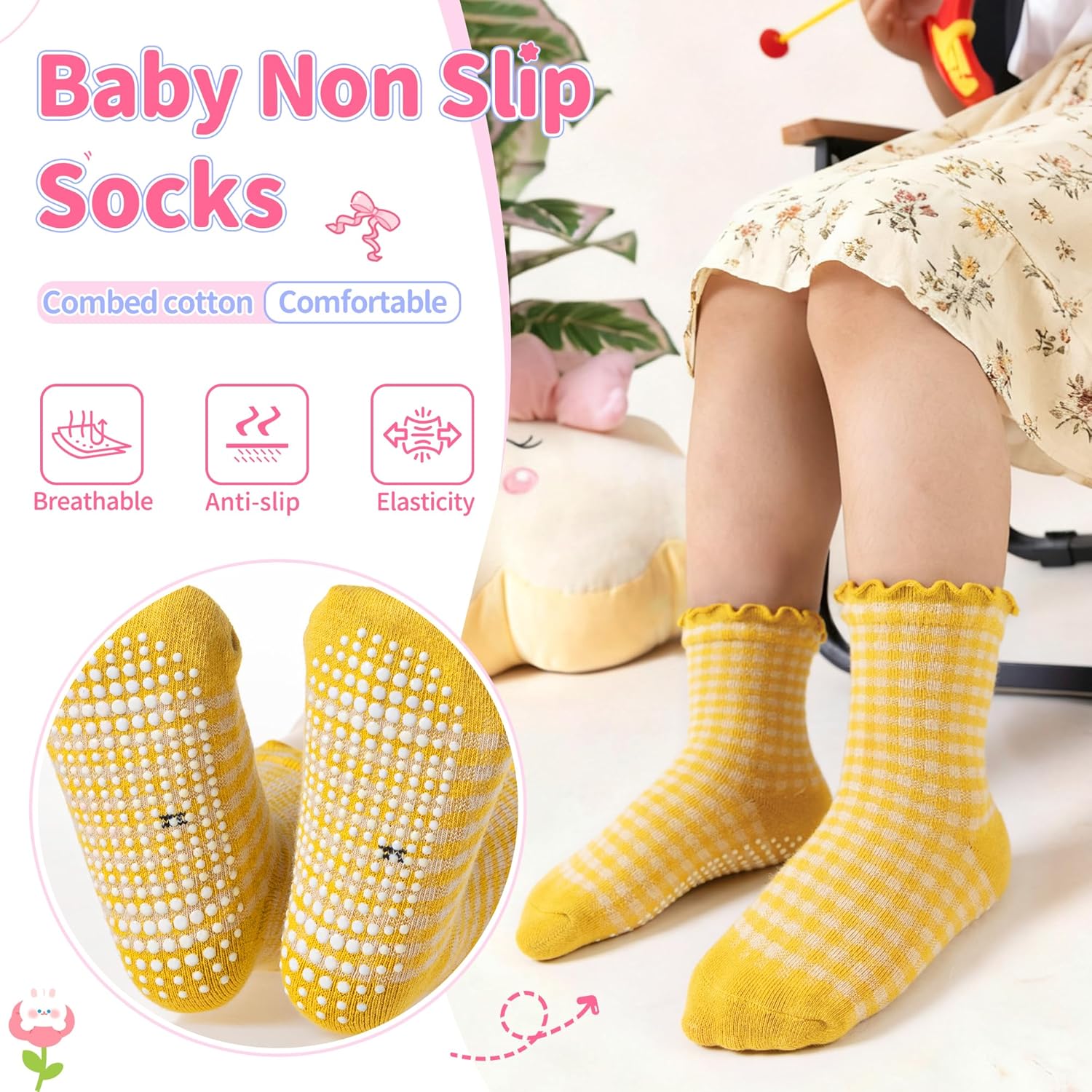 Eocom Toddler Ruffle Socks Baby Girls Non Slip Frilly Dress Cotton Grips Socks 6 Pairs - Image 4