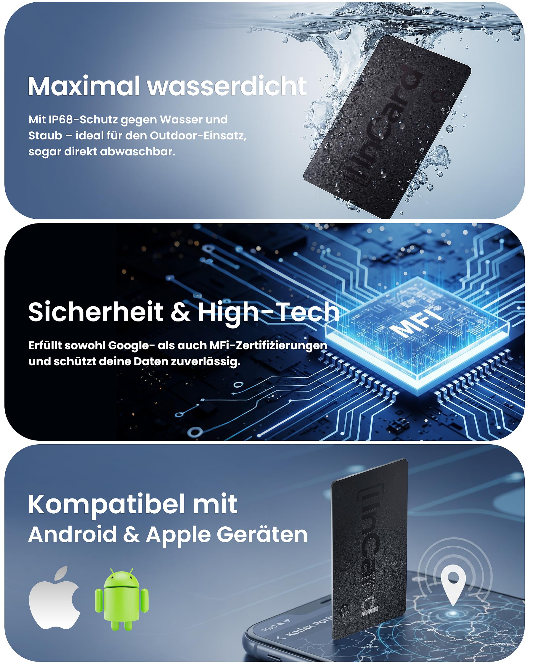 Wallet Tracker Card für sowohl Googles Find My Device als auch Apples Find My, mit 5-jähriger Akkulaufzeit und, wasserdichter Bluetooth-Tracker für Reisepass, Geldbörse, Taschen, 2er-Pack