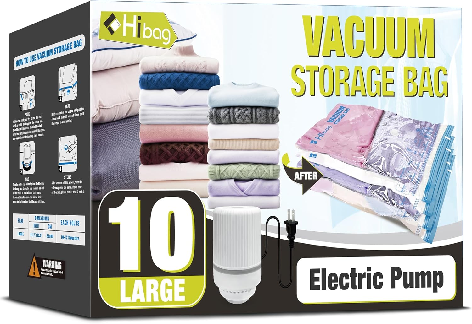 HIBAG Vacuum Storage Bags with Electric Pump, Vacuum Seal Bags for Clothing, Pillows, Blanket Bedding Comforters, 10 pack Large
