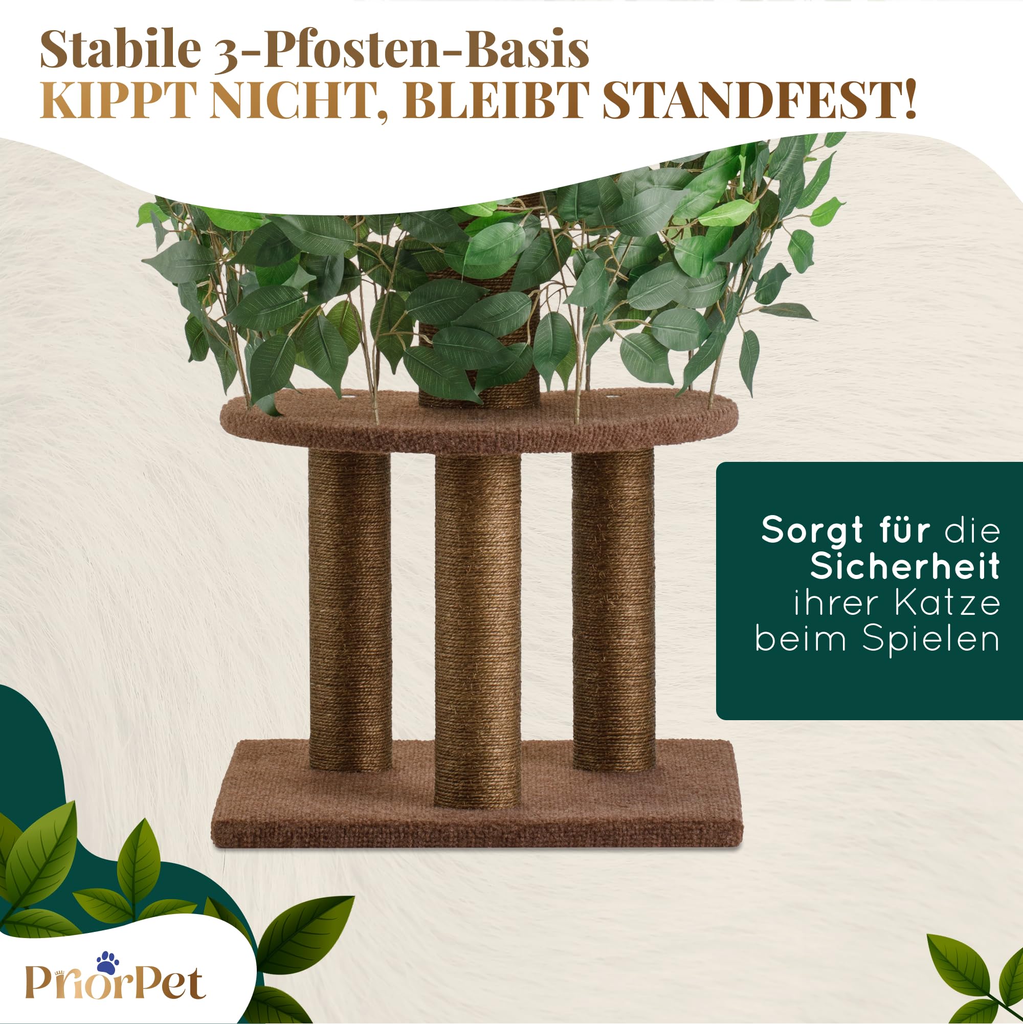 Kratzbaum mit Blättern – Stabiler & Platzsparender Katzenbaum – 4 kratzbare Ebenen & 3 Kratzsäulen – Klettern, Verstecken, Schlafen – Einfache Montage – Haustiersicherer & Langlebiger Cat Tree Natur