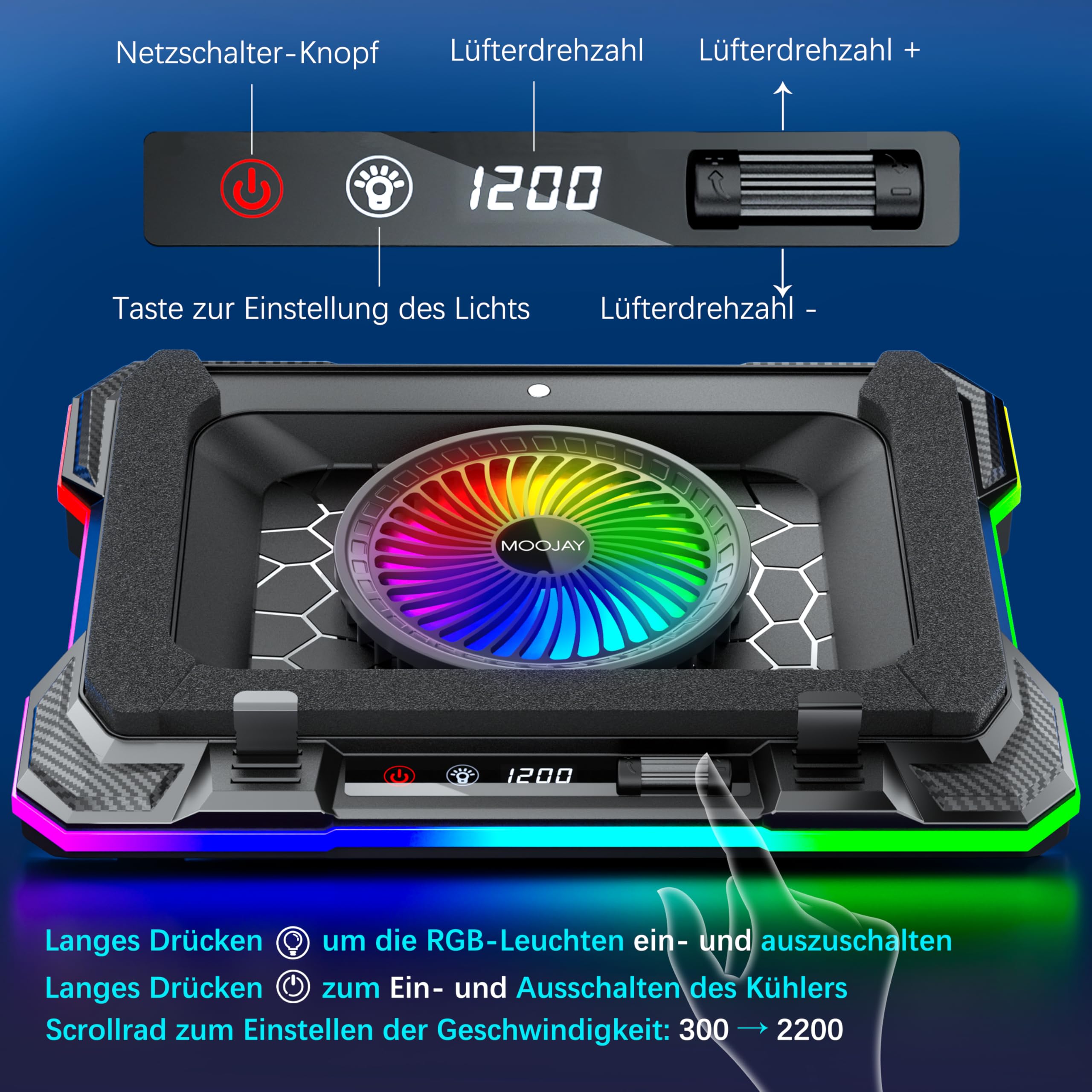 Laptop Kühlkissen Leistungsstarker Turbolüfter RGB Gaming Notebook Kühler Laptop Lüfter Kühlständer mit 8 Höhenverstellbar und Handyständer, für 14-19 Zoll Laptop - Farbiges LED Licht