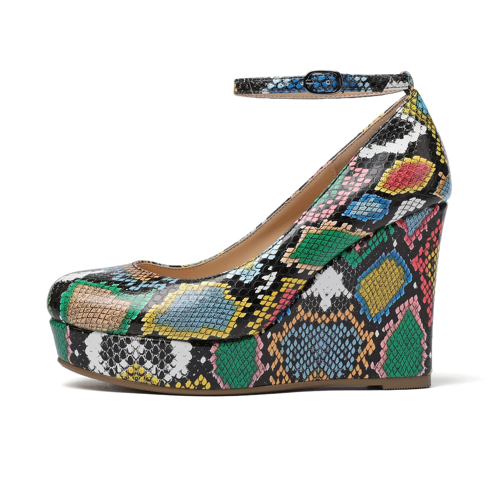 Mettesally Women's Platform Cork Wedge Heel Pumps Round Closed Toe Ankle Strap Classic Office Dress Shoes