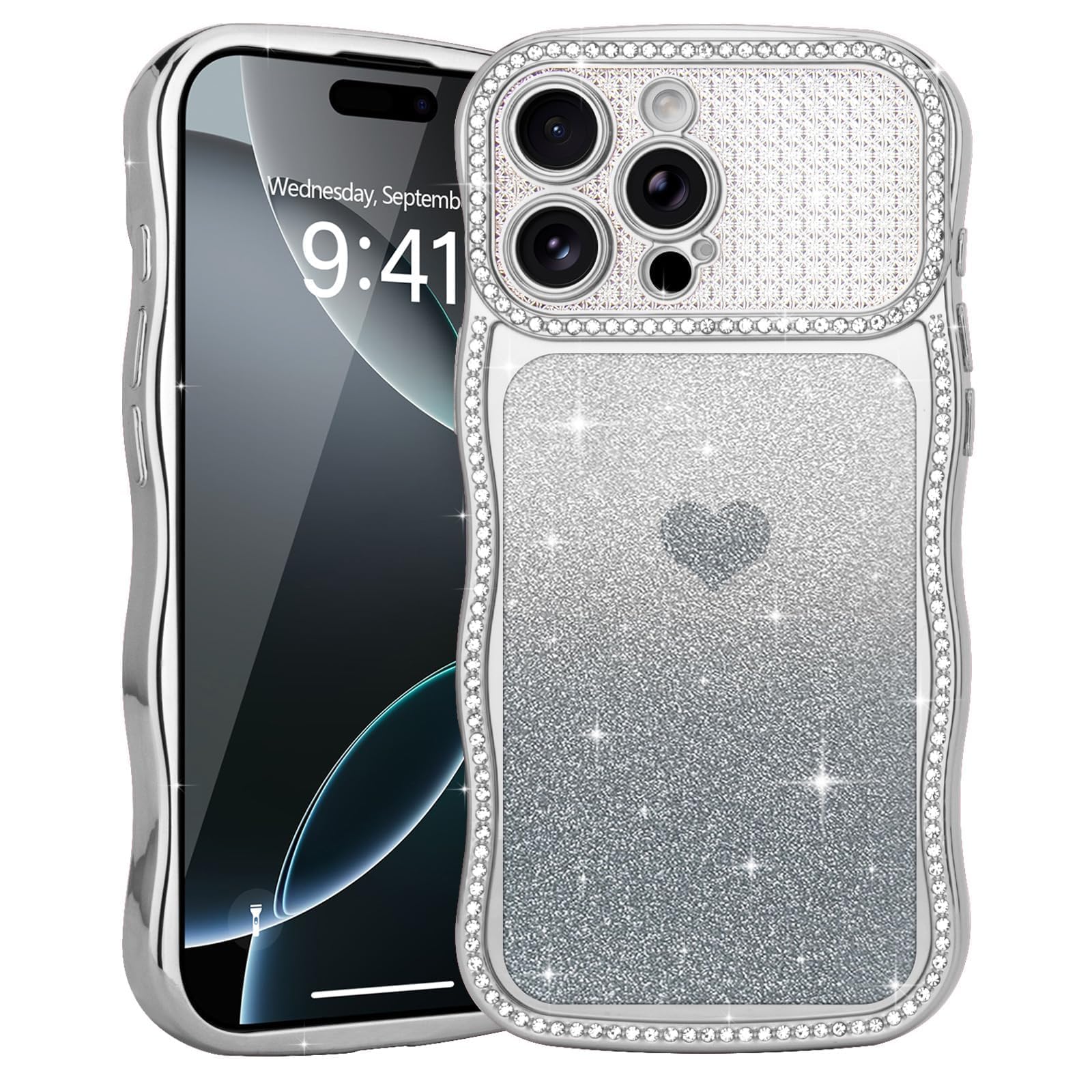 Teageo Glitter Case for iPhone 16 Pro, Women Girly Cute Bling Sparkle Rhinestone Diamonds Shiny Lovely Heart Shockproof Protective Phone Cover for iPhone 16 Pro, Silver