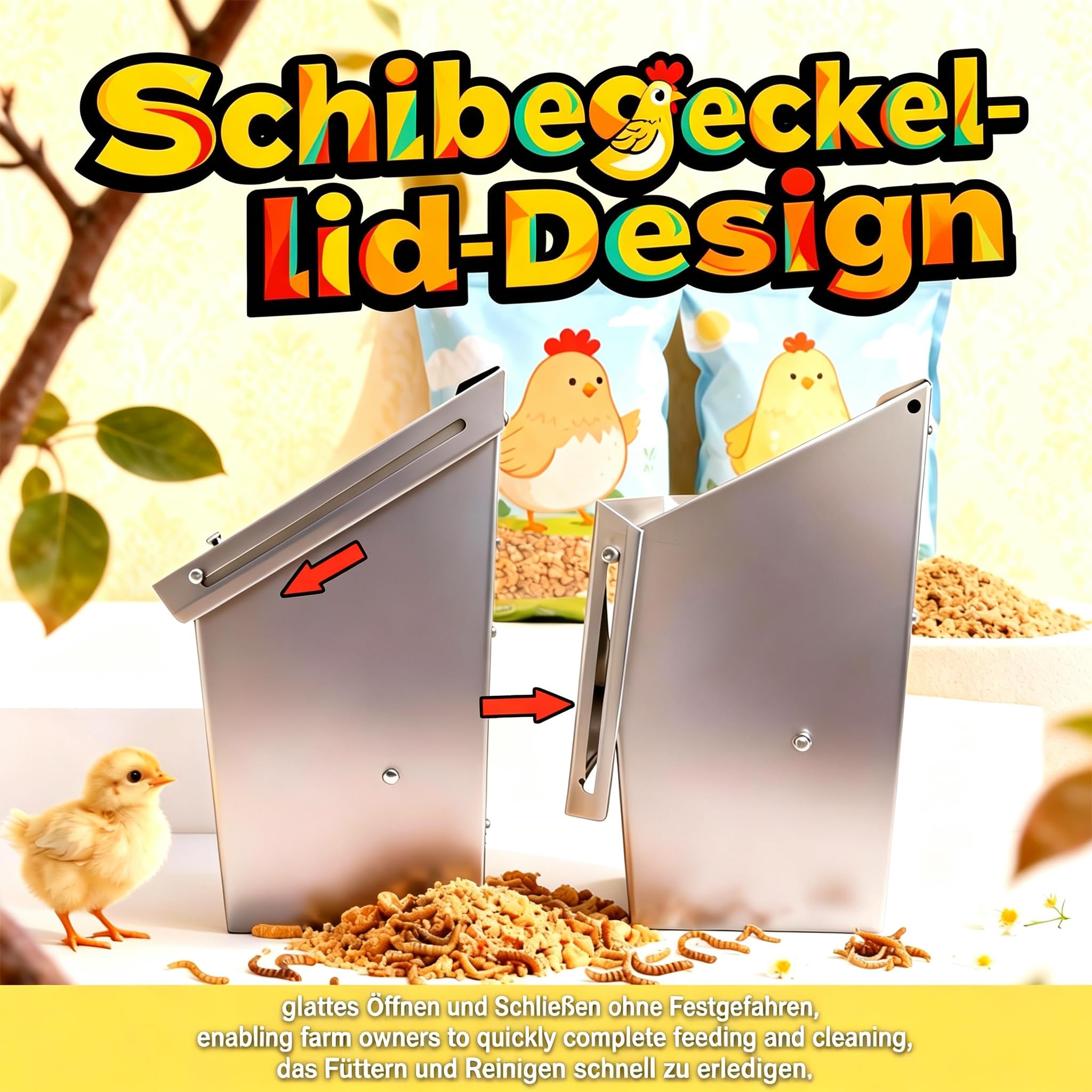 Automatischer Hühnerfutterspender Edelstahl Geflügel Futterspender Futtertrog mit Deckel Hängender Hühnerfutterspender Futterstation